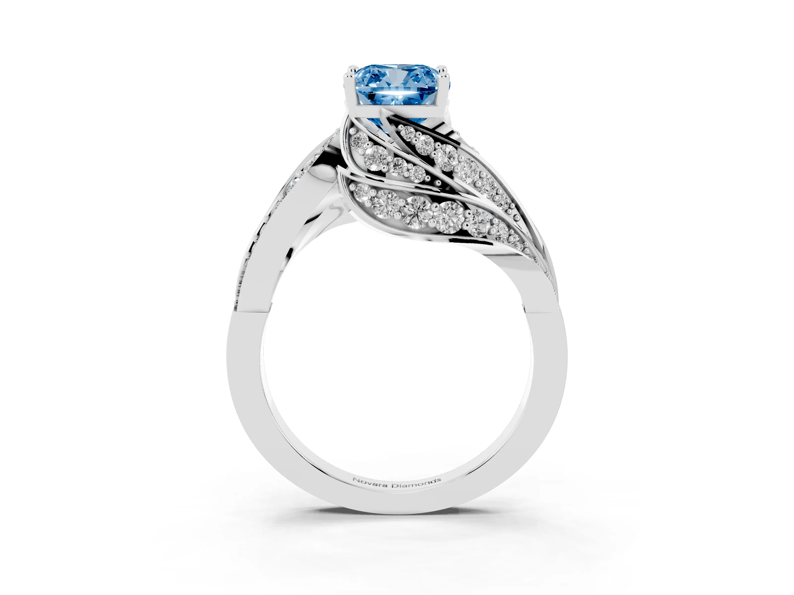 Fancy Blue Cushion Cut Diamond Solitaire Ring Set in Silver with Layered Twist Pavé Band