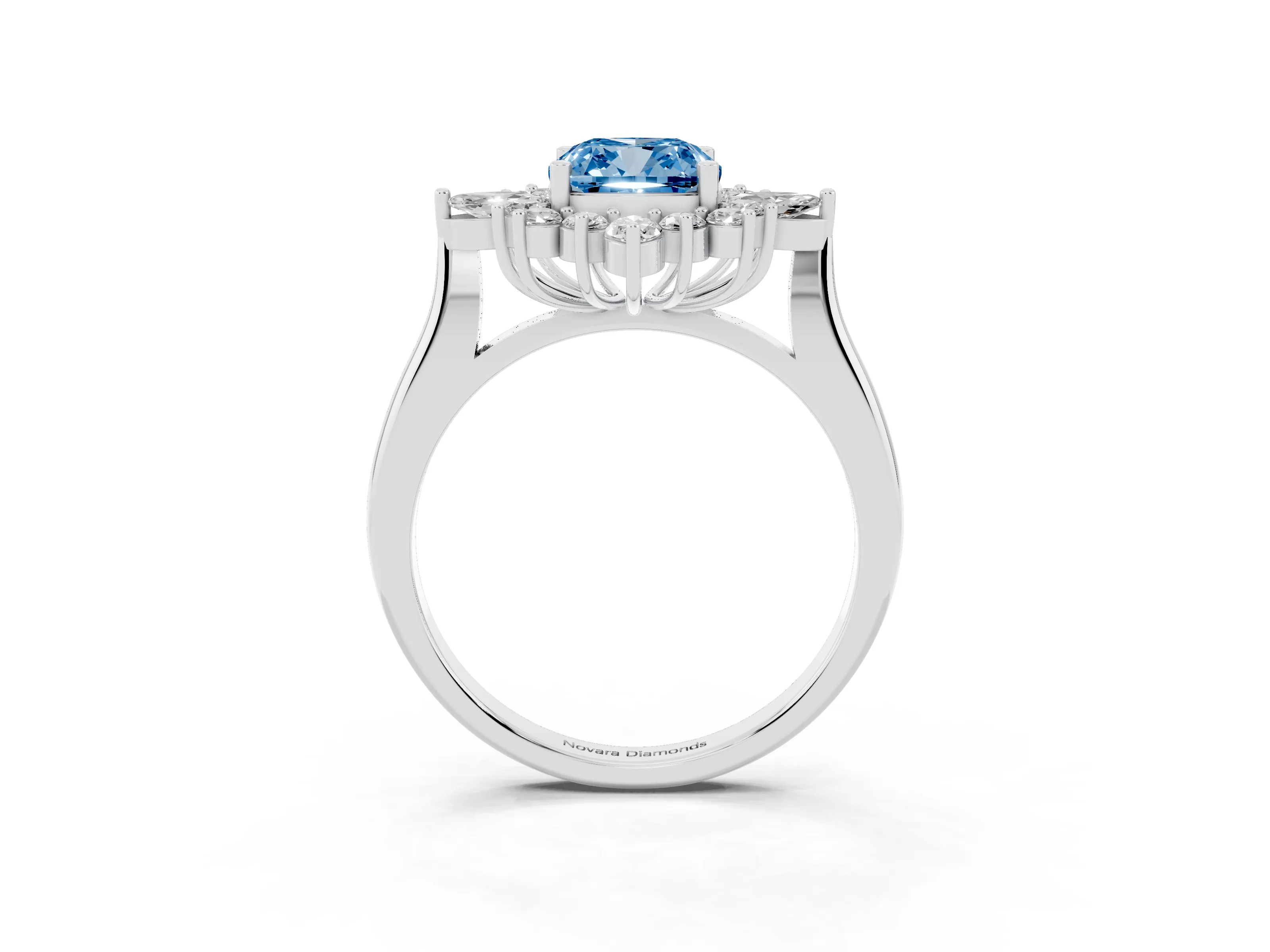 Fancy Blue Cushion Cut Diamond Cluster Halo Ring Set in Silver with Marquise and Round Accents