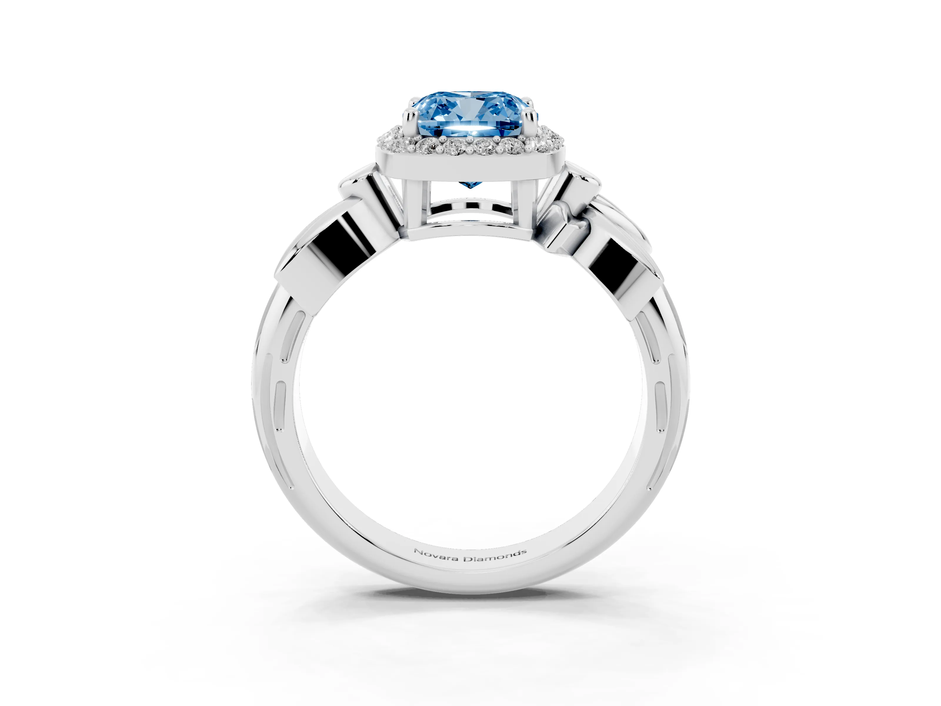 Fancy Blue Cushion Cut Diamond Halo Floral Band Ring Set in White gold with Prong Setting