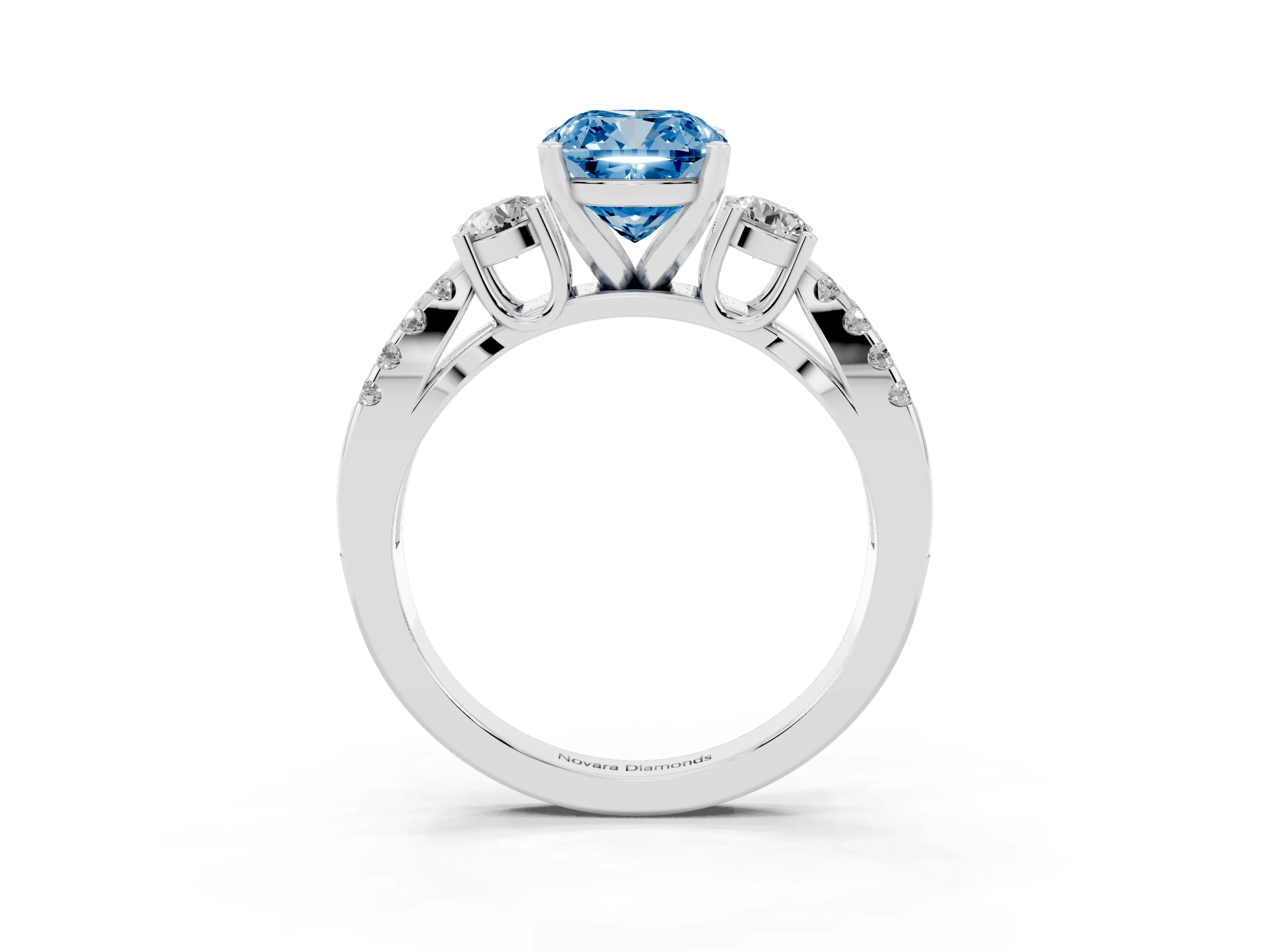 Fancy Blue Cushion Cut Diamond Three-Stone Ring Set in Platinum with Pavé Split Shank and Prong Setting