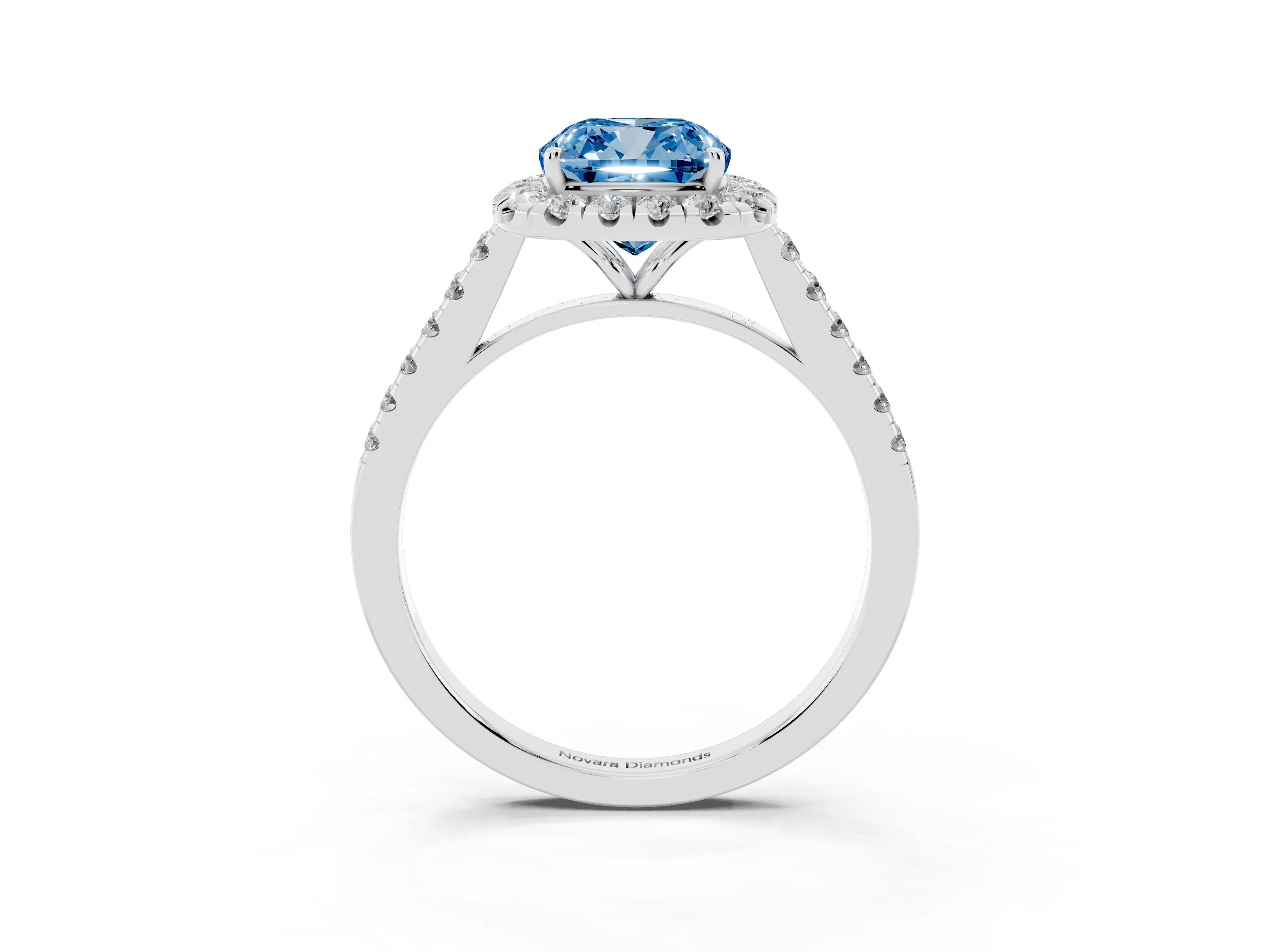 Fancy Blue Cushion Cut Diamond Halo Pavé Engagement Ring Set in White gold with Prong Setting