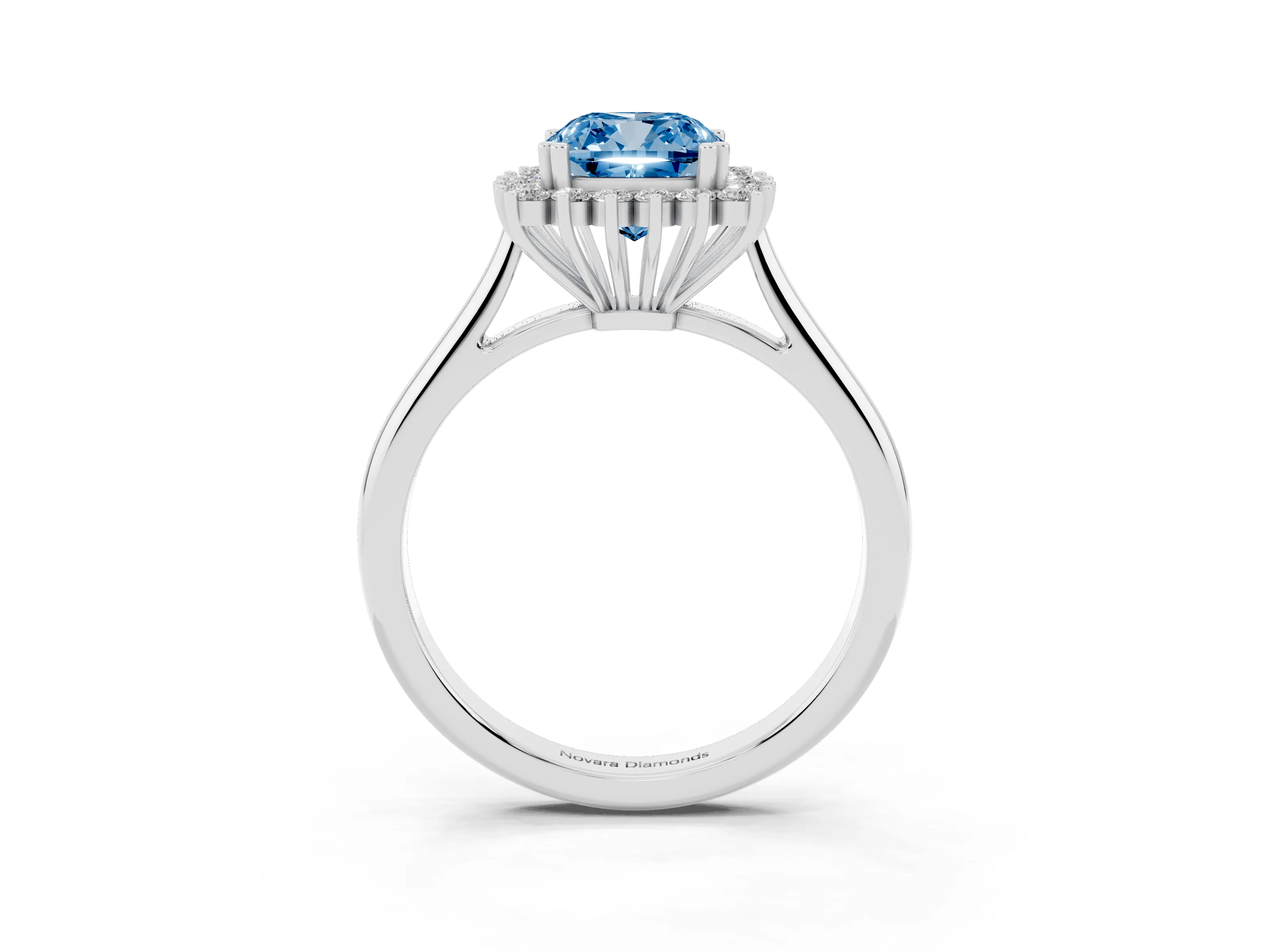 Fancy Blue Cushion Cut Diamond Halo Ring Set in Platinum with Plain Solitaire Band and Prong Setting