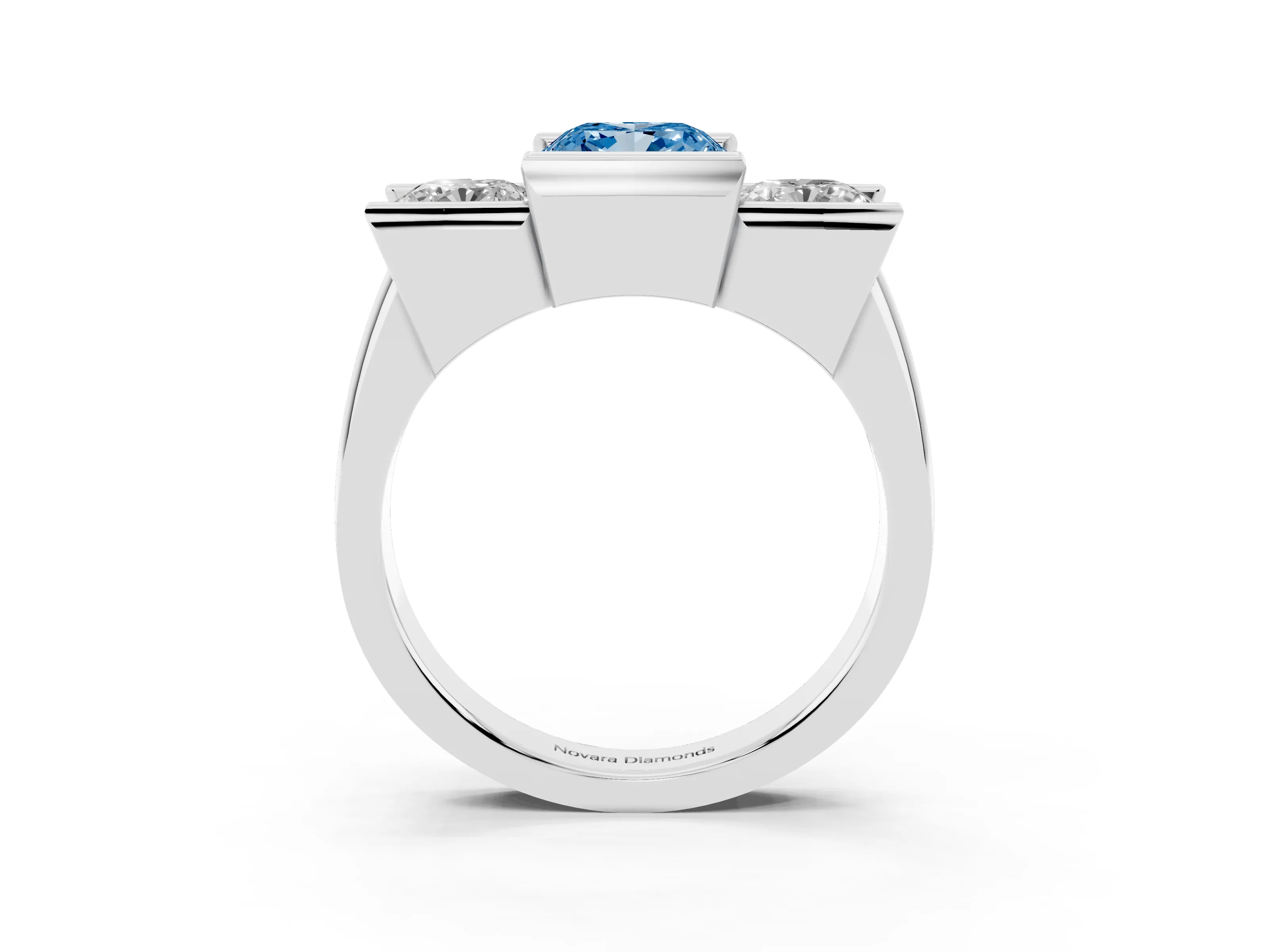 Fancy Blue Cushion Cut Diamond Three-Stone Channel Set Ring Set in Silver with Smooth Polished Band