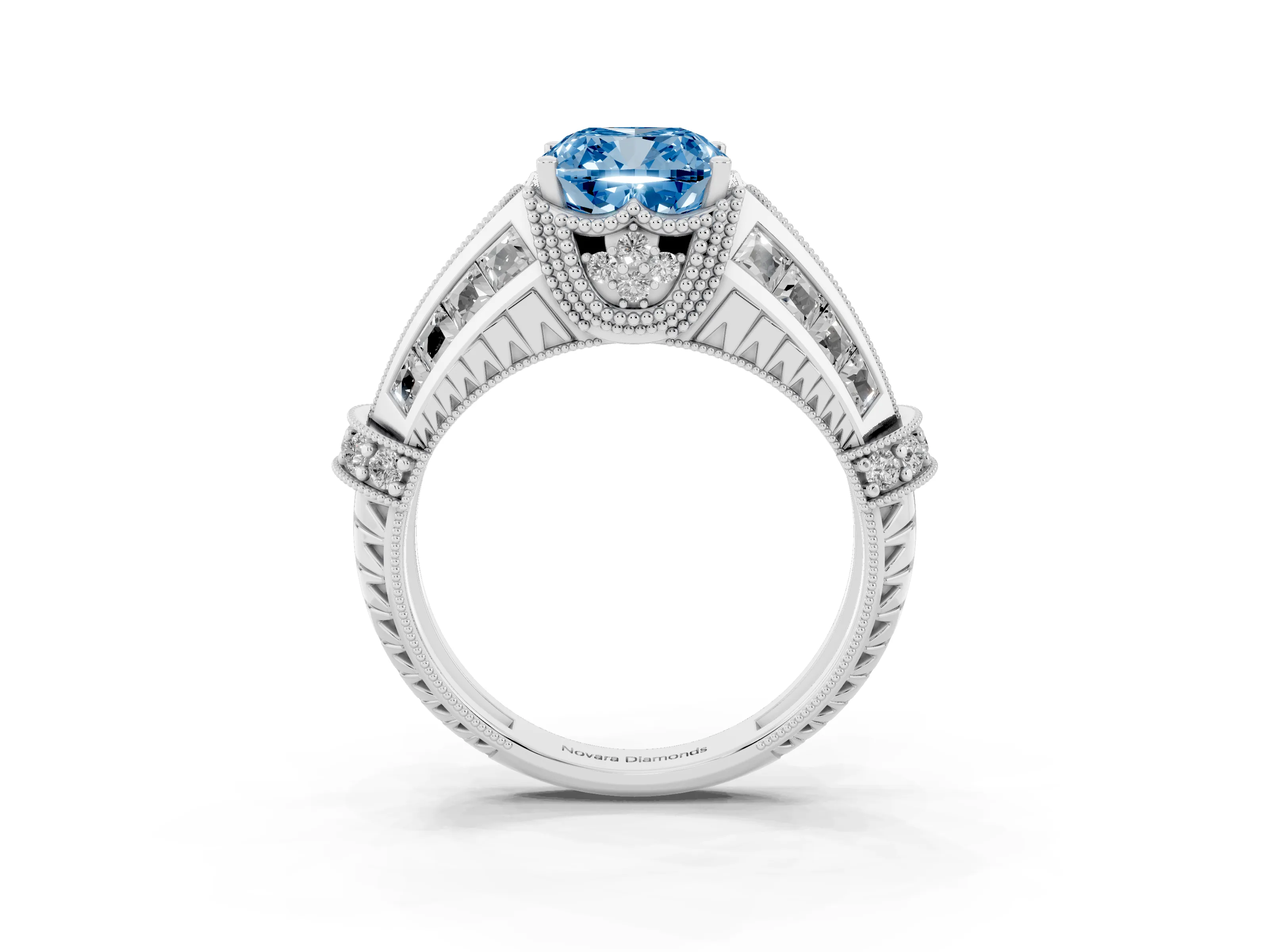 Fancy Blue Cushion Cut Diamond Vintage-Inspired Milgrain Ring Set in Silver with Accent Split Shank