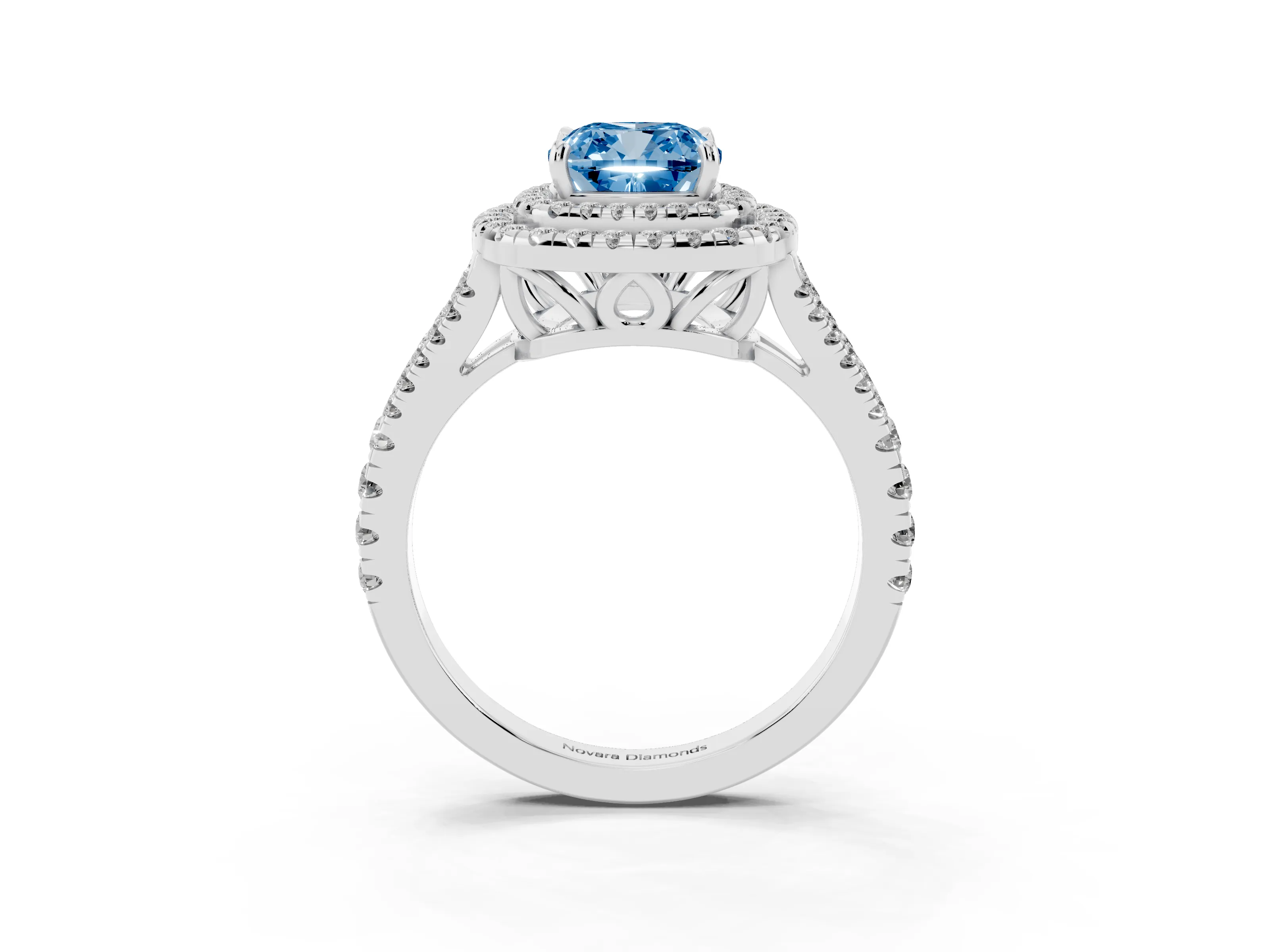 Fancy Blue Cushion Cut Diamond Double Halo Ring Set in Silver with Pavé Band