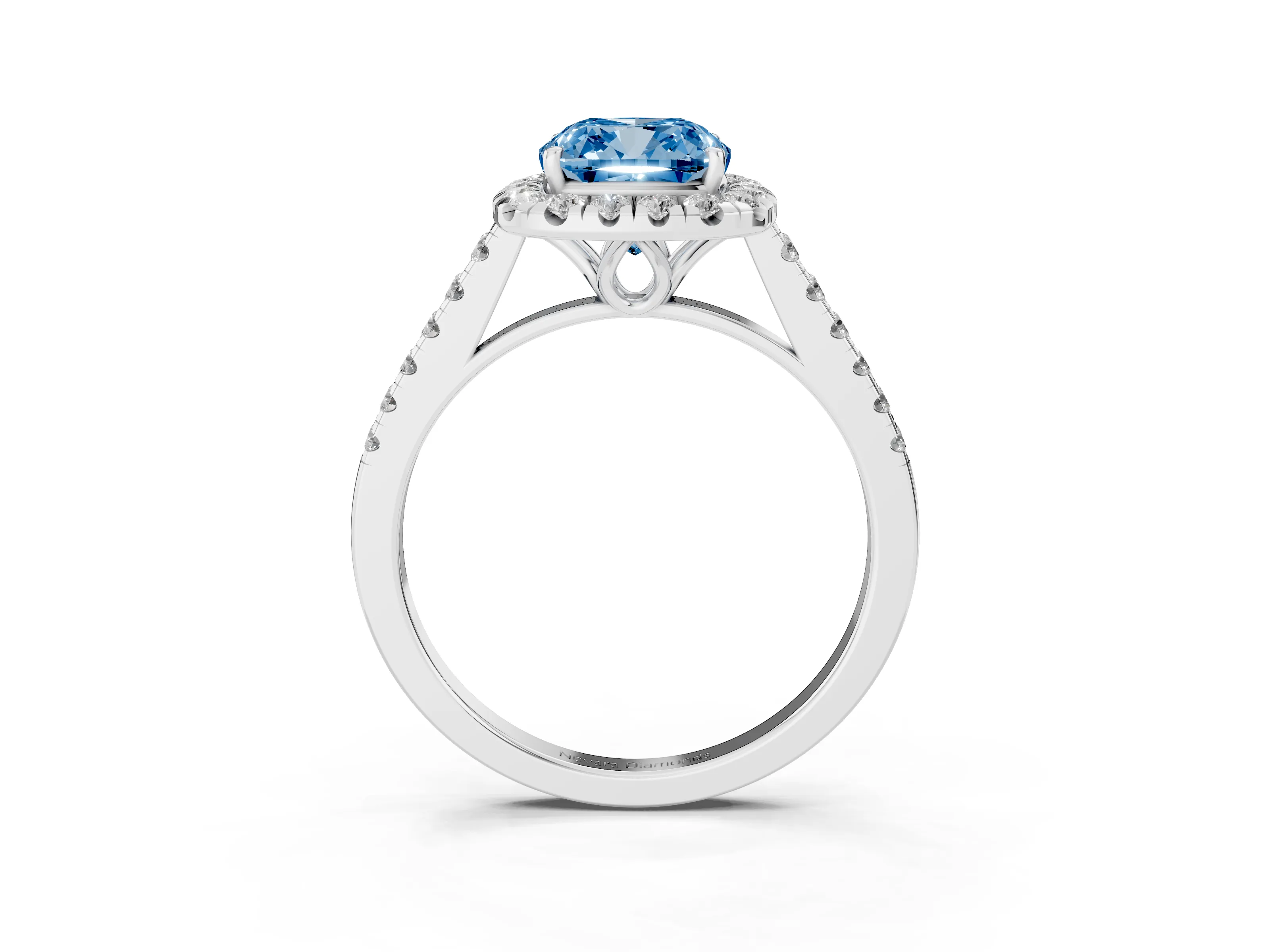 Fancy Blue Cushion Cut Diamond Pavé Halo Engagement Ring Set in Platinum with Pavé Band and Prong Setting