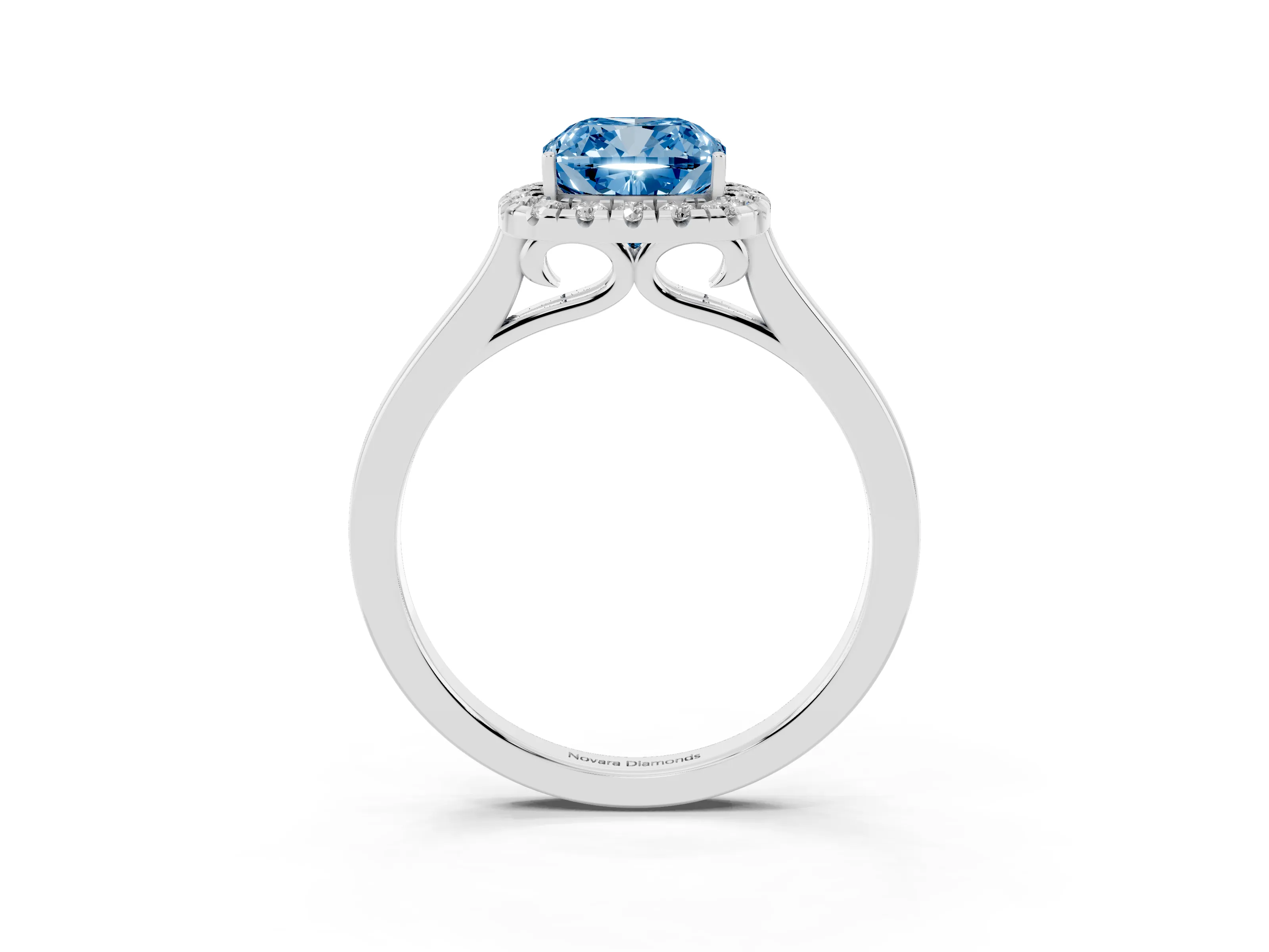 Fancy Blue Cushion Cut Halo Round Diamond Solitaire Ring Set in Platinum with Pavé Band and Prong Setting