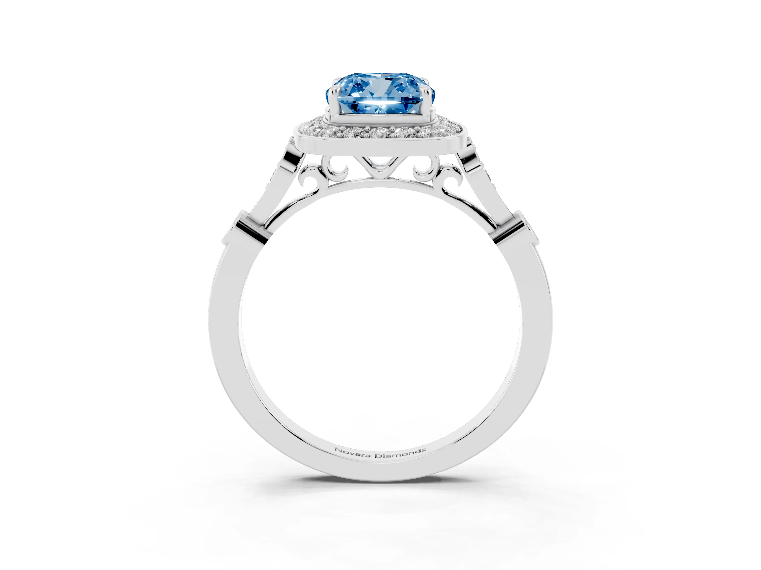 Fancy Blue Cushion Cut Diamond Halo Engagement Ring Set in Platinum with Twisted Band and Prong Setting