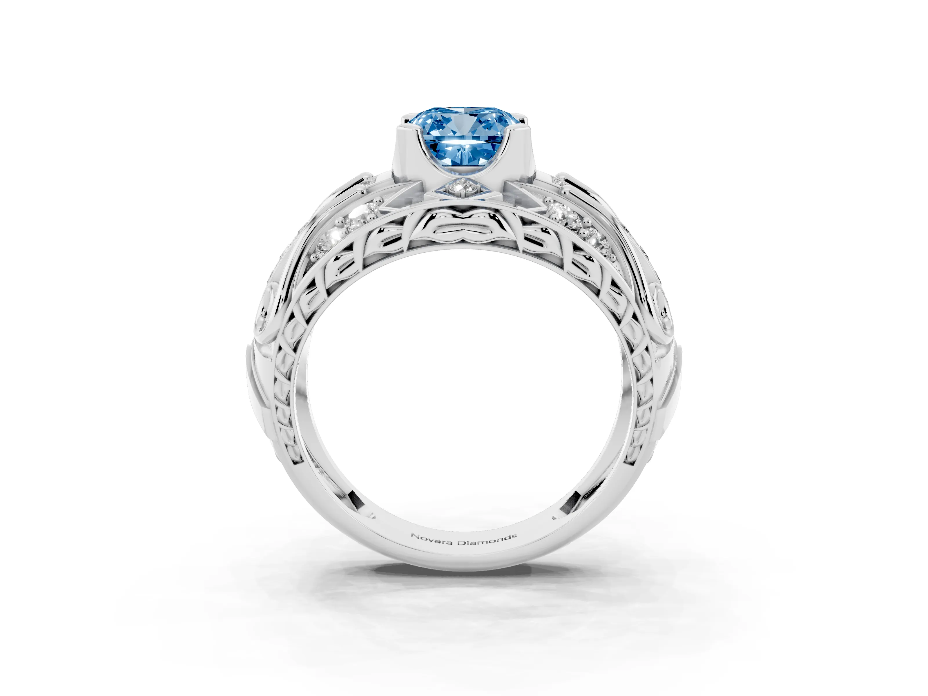 Fancy Blue Cushion Cut Diamond Art Deco Ring Set in Silver with Pavé Split Shank