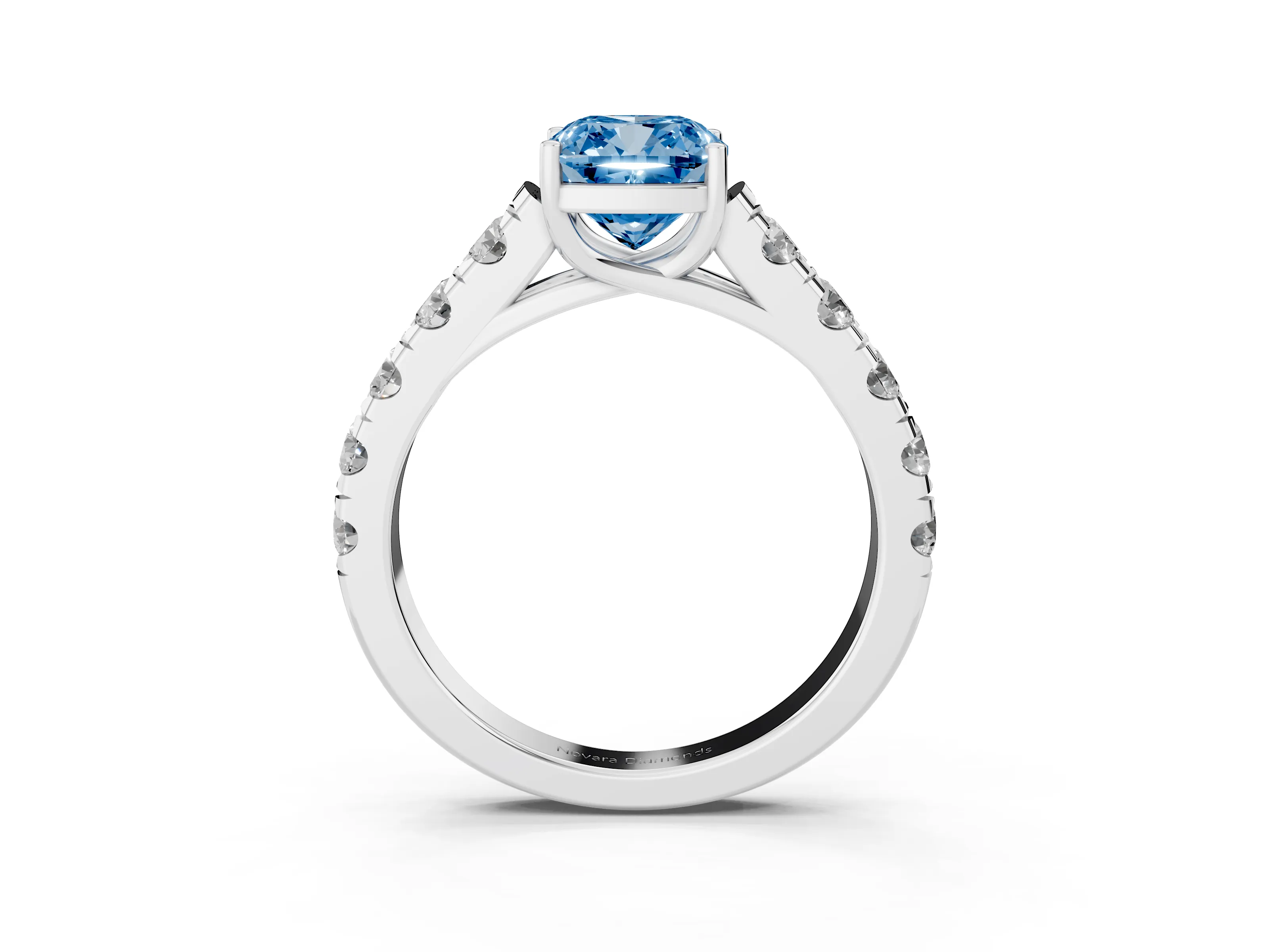 Fancy Blue Cushion Cut Diamond Solitaire Ring Set in Platinum with Cut-Down Micro Pavé Band and Prong Setting