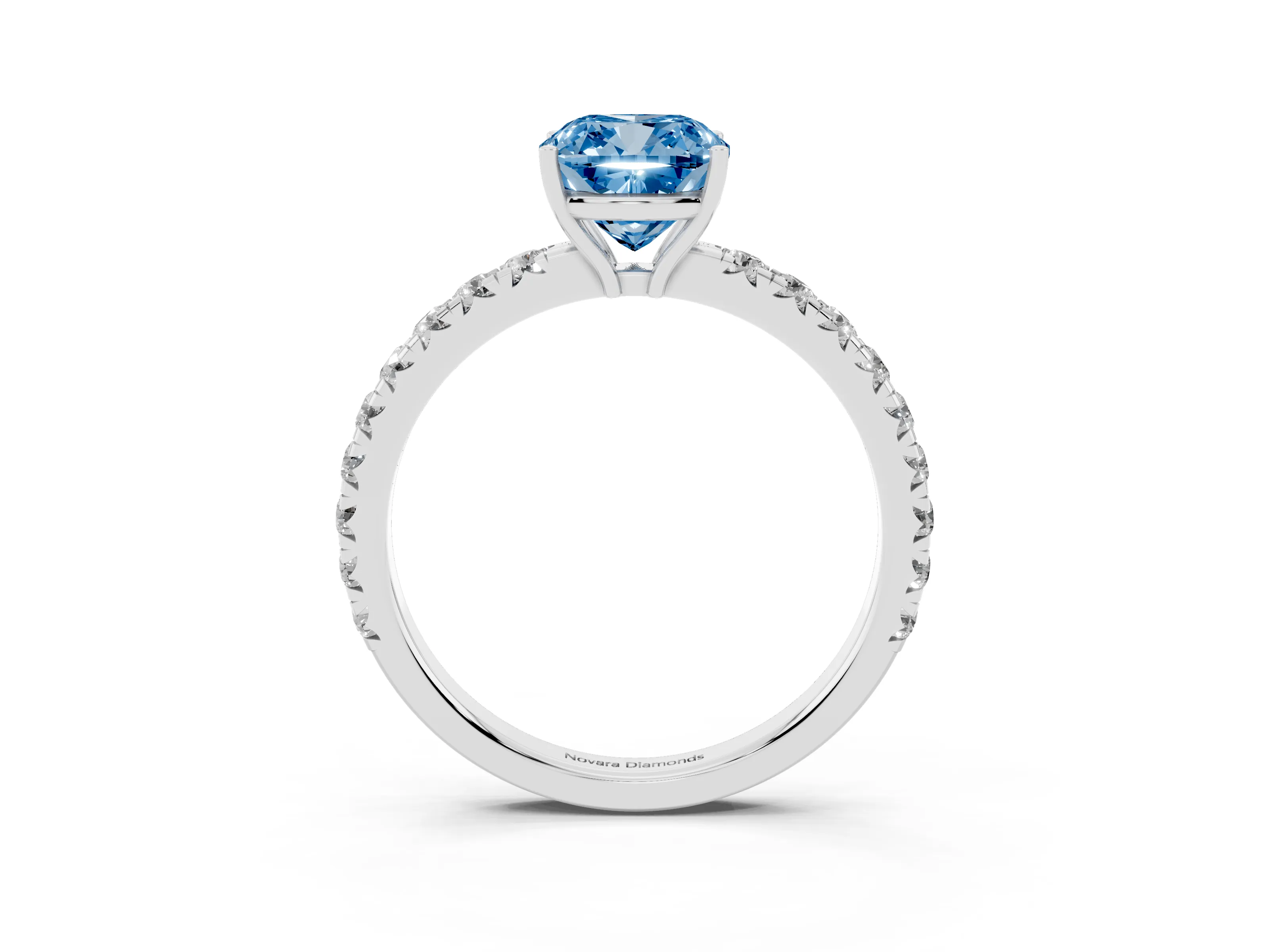Fancy Blue Cushion Cut Diamond Pavé Solitaire Engagement Ring Set in Platinum with Prong Setting