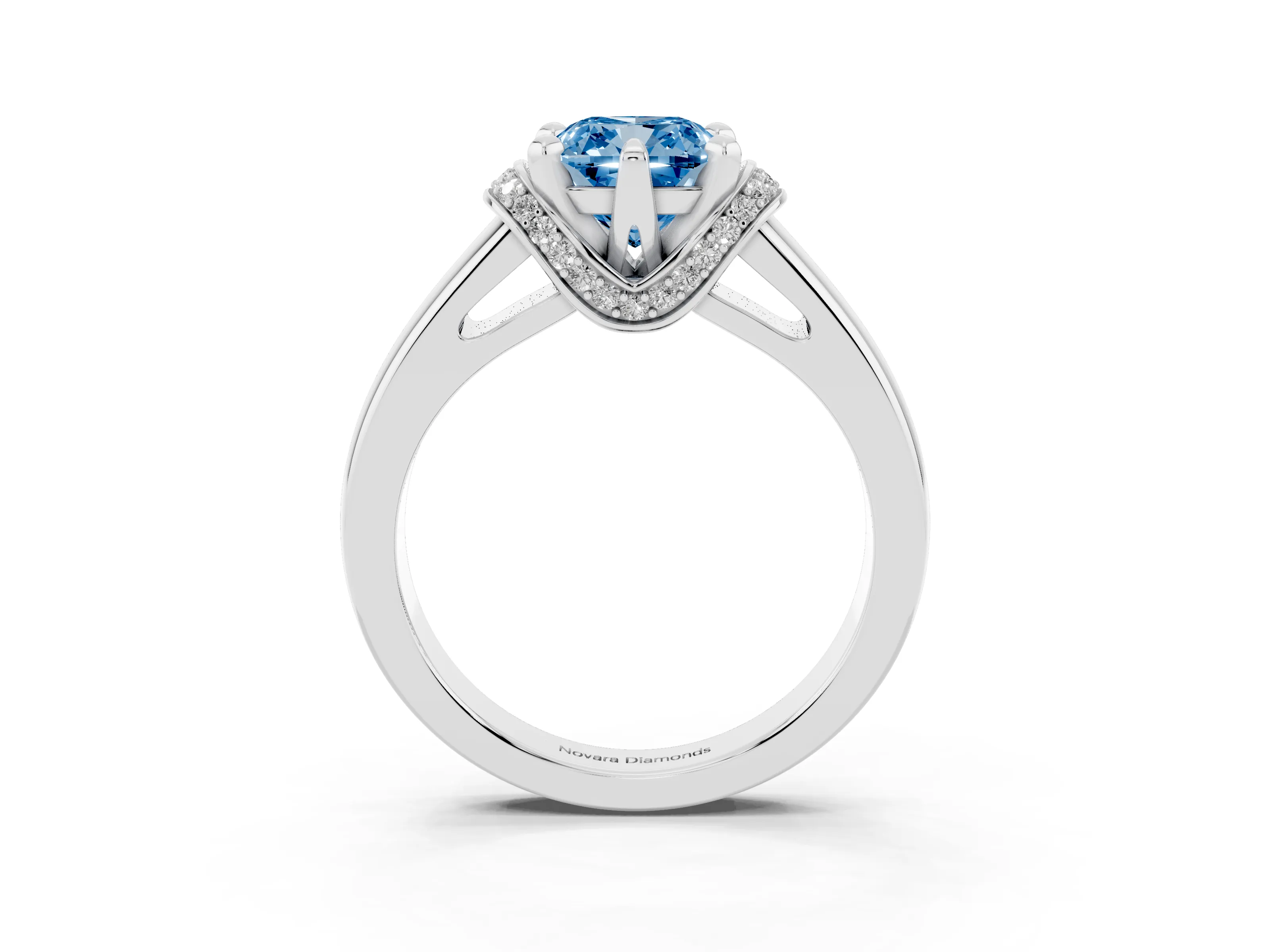 Fancy Blue Cushion Cut Diamond Pavé Band Solitaire Ring Set in Platinum with Prong Setting