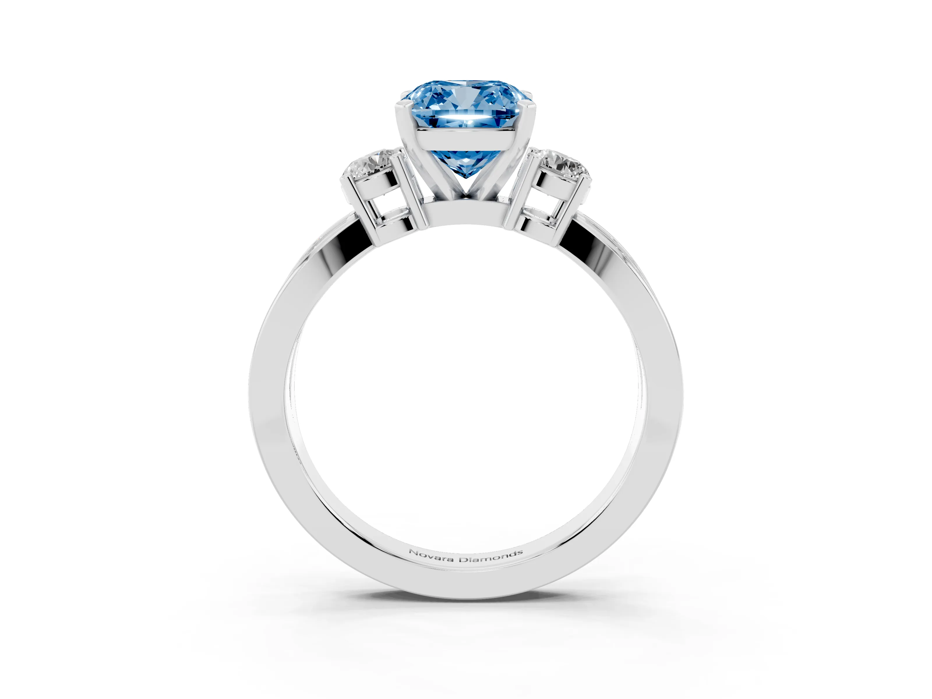 Fancy Blue Three-Stone Cushion Cut Diamond Twist Band Ring Set in Silver with Pavé Accents and Prong Setting