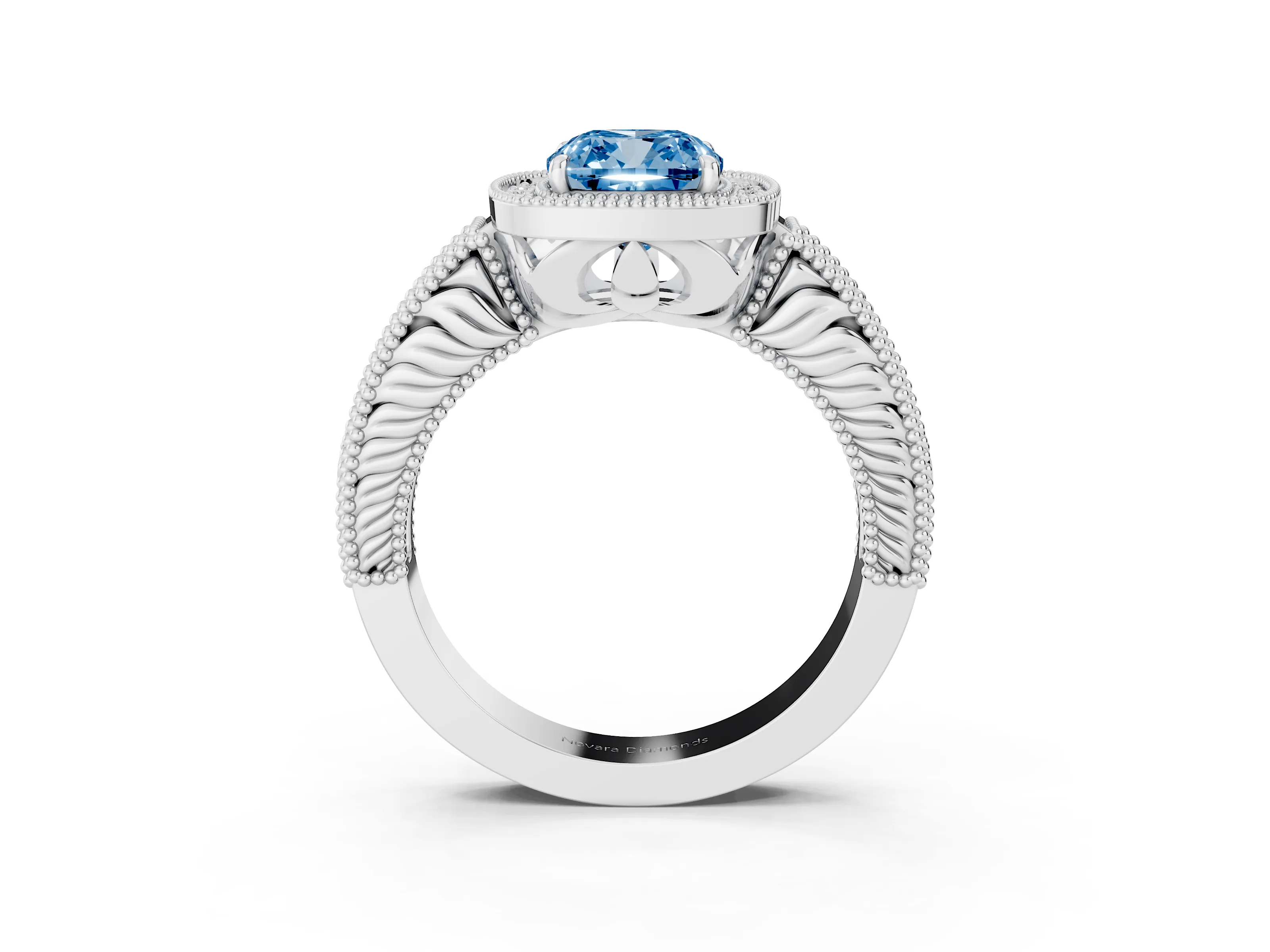 Fancy Blue Cushion Cut Diamond Halo Ring Set in Platinum with Round Accent Halo, Pavé Band and Prong Setting