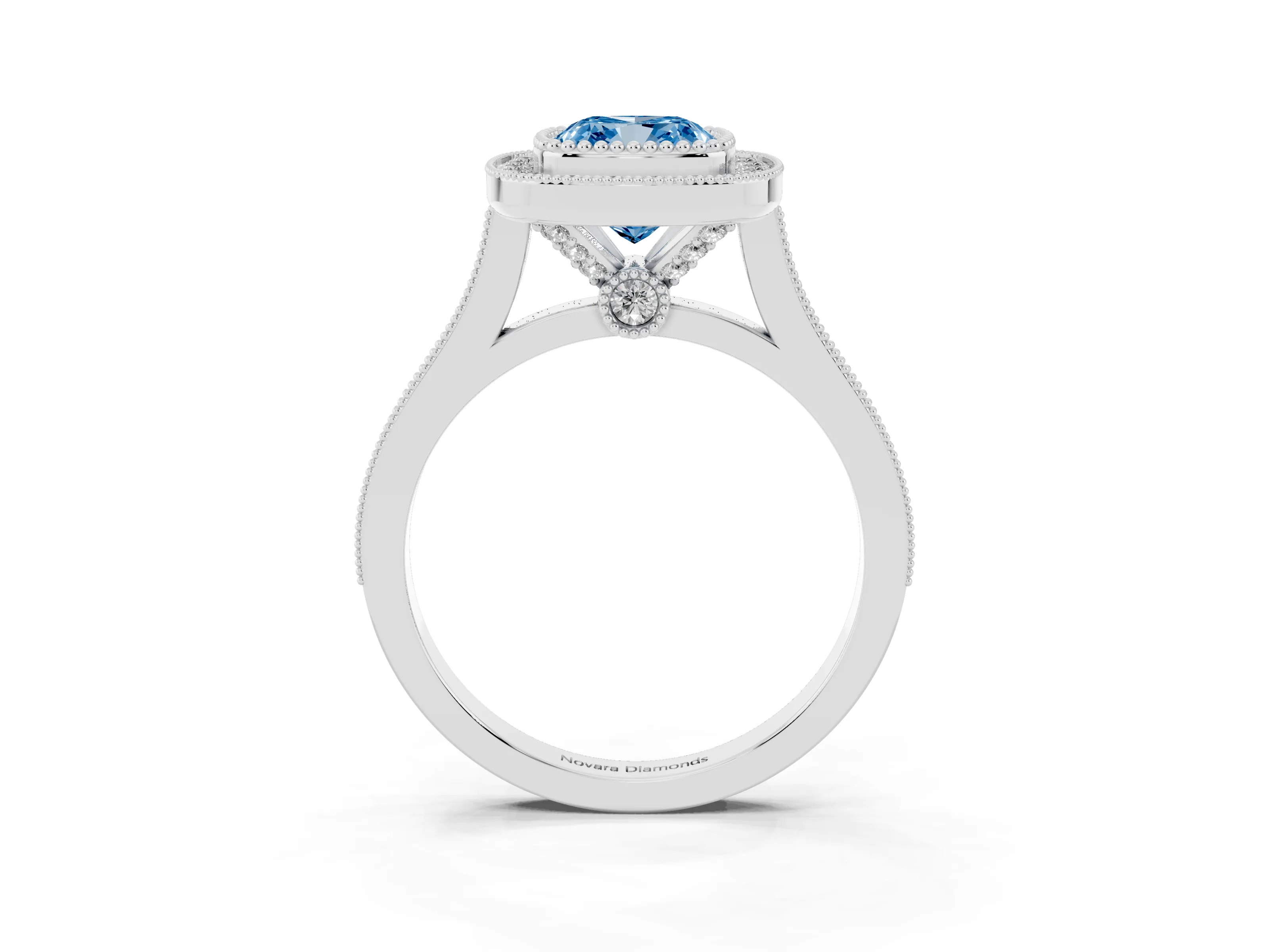 Fancy Blue Cushion Cut Diamond Halo Ring Set in Platinum with Milgrain Frame and Pavé Band