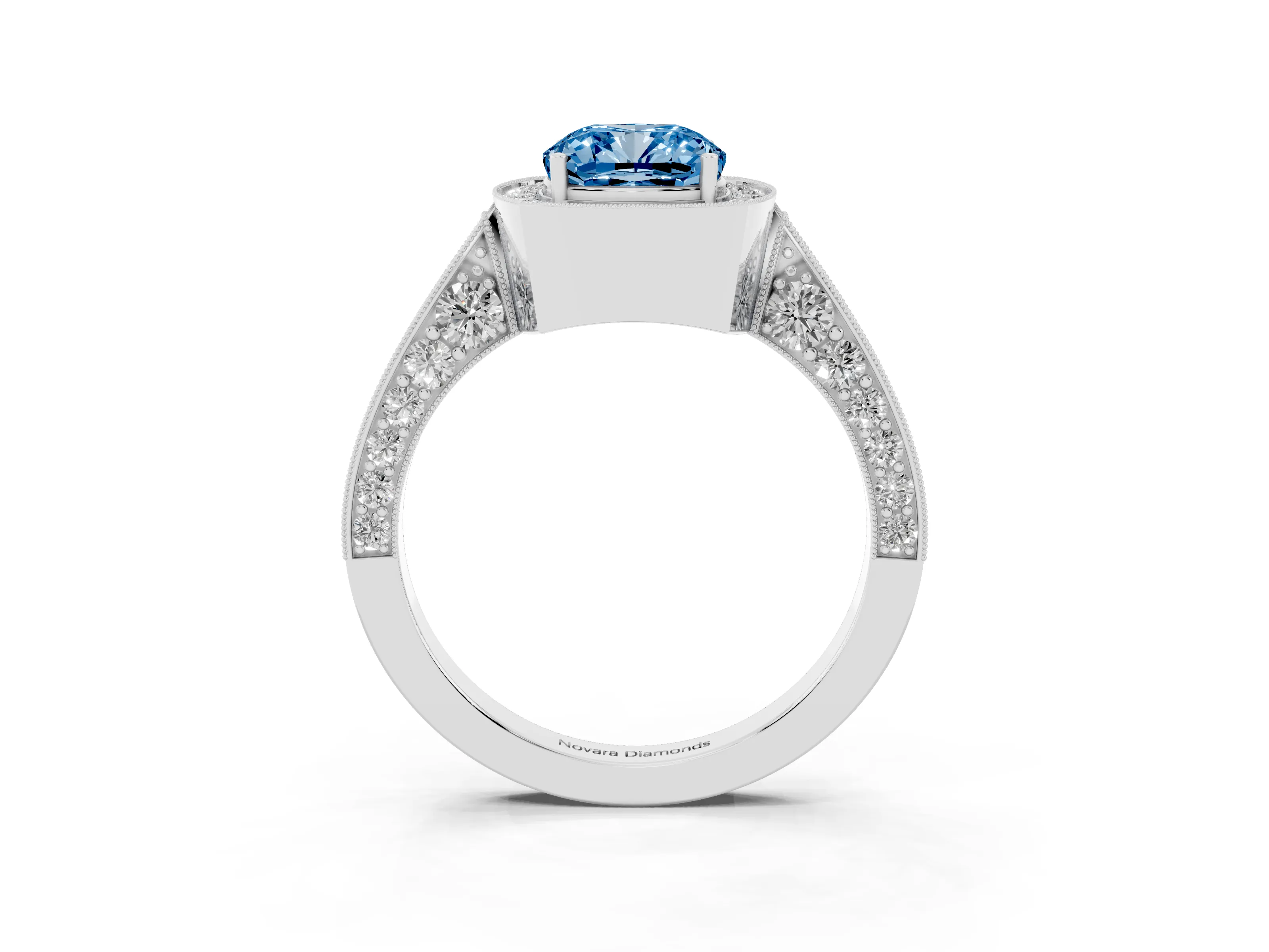 Fancy Blue Cushion Cut Diamond Halo Engagement Ring Set in White gold with Accent Split Shank Band
