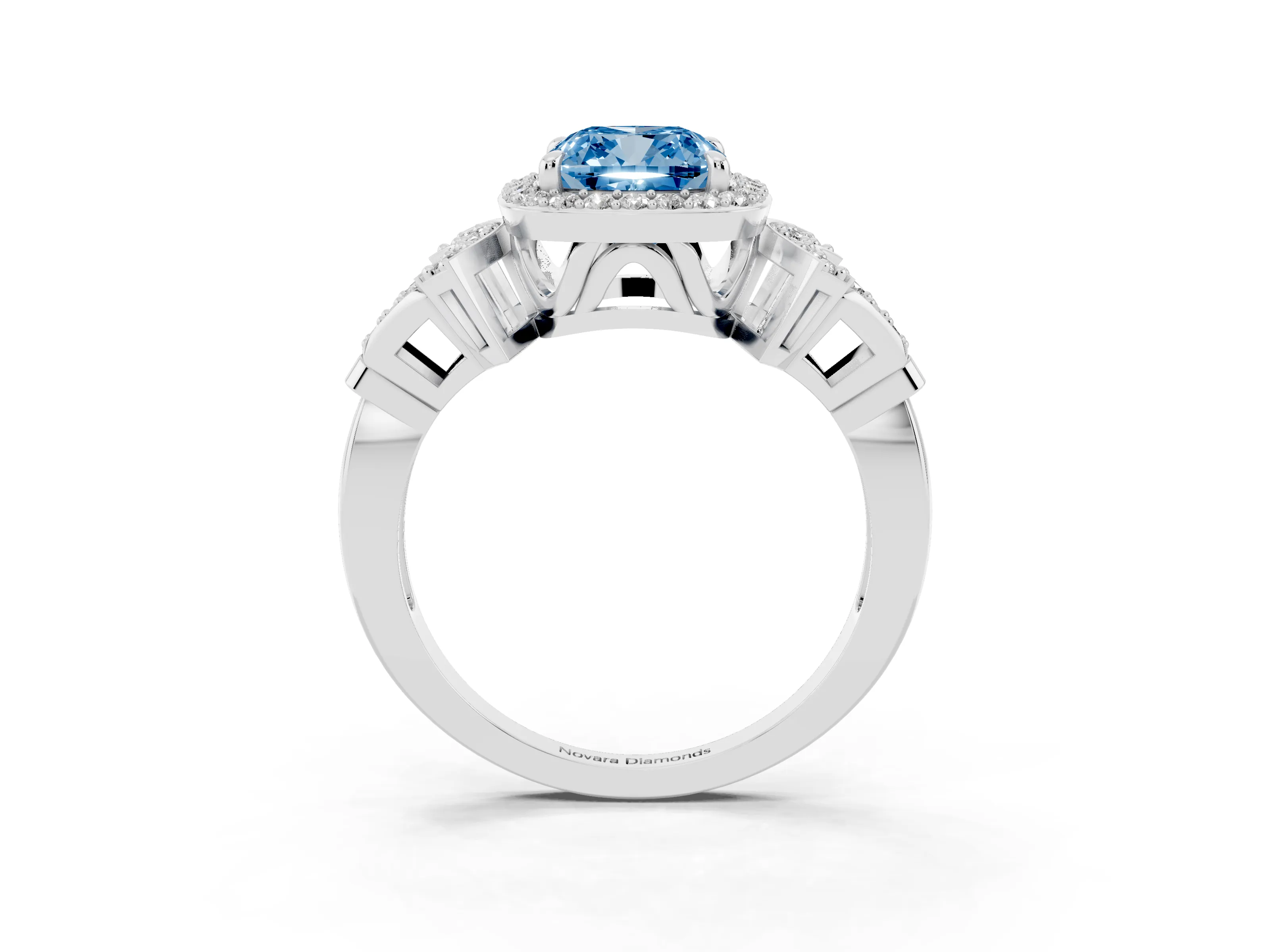 Fancy Blue Cushion Cut Diamond Halo Engagement Ring Set in Platinum with Accent Stone Split Shank