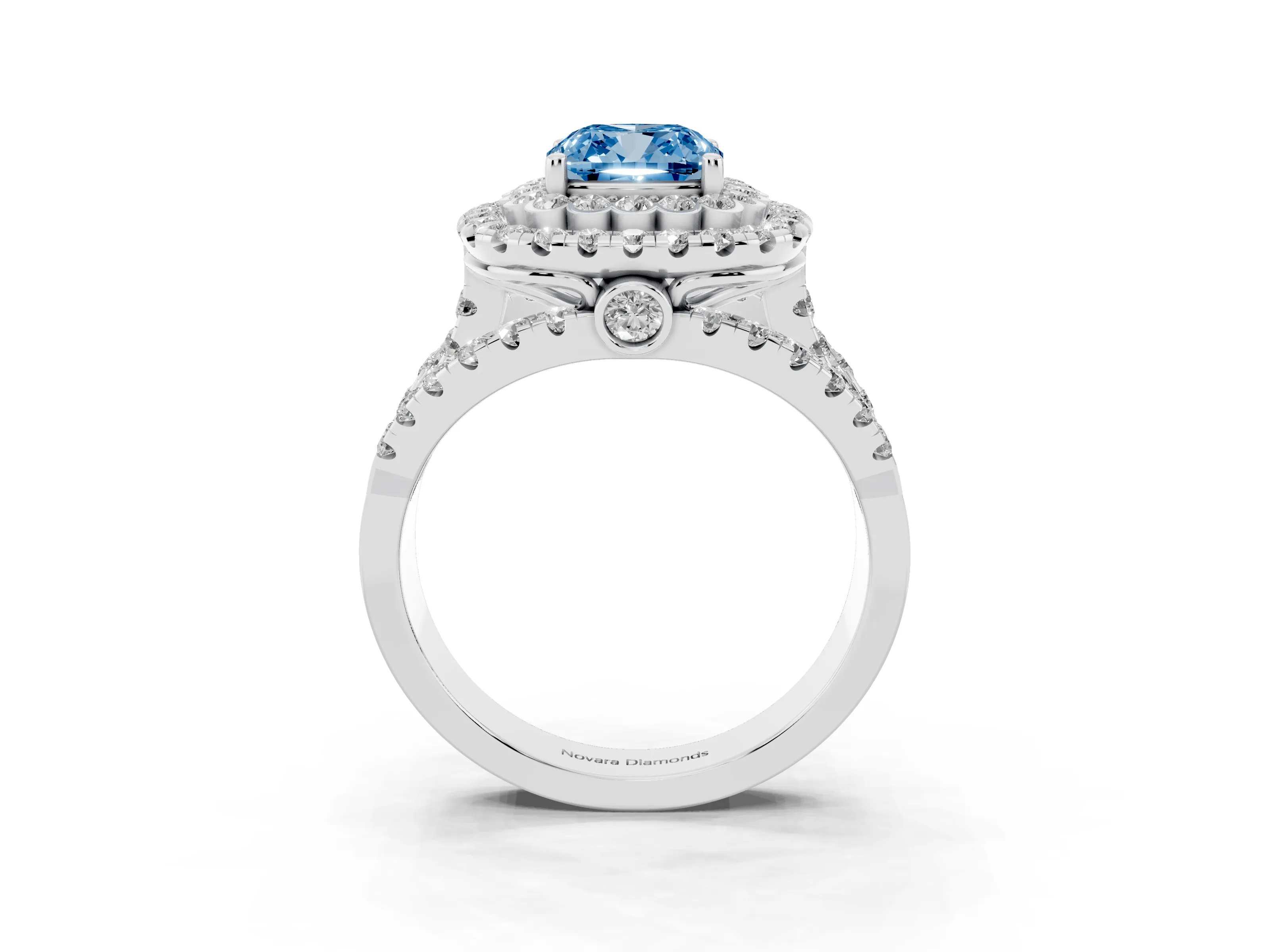 Fancy Blue Cushion Cut Diamond Double Halo Ring Set in Silver with Round Pavé Split Shank