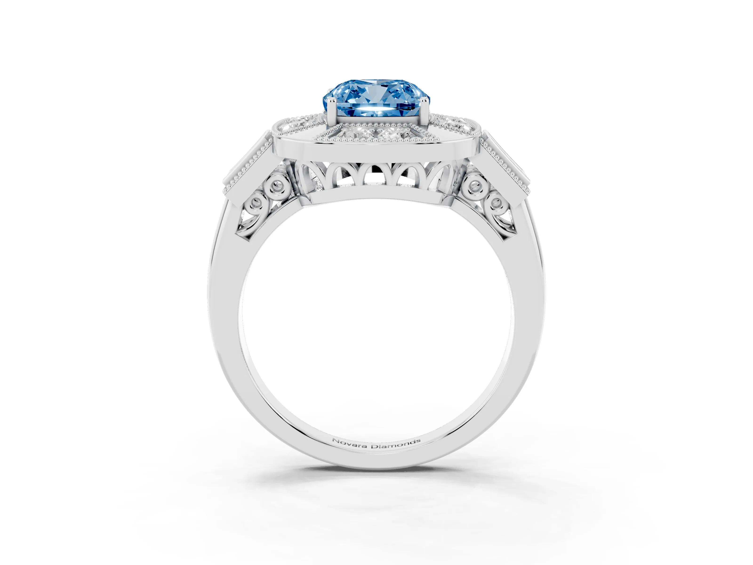 Fancy Blue Cushion Cut Diamond Milgrain Halo Ring Set in Platinum with Split Shank