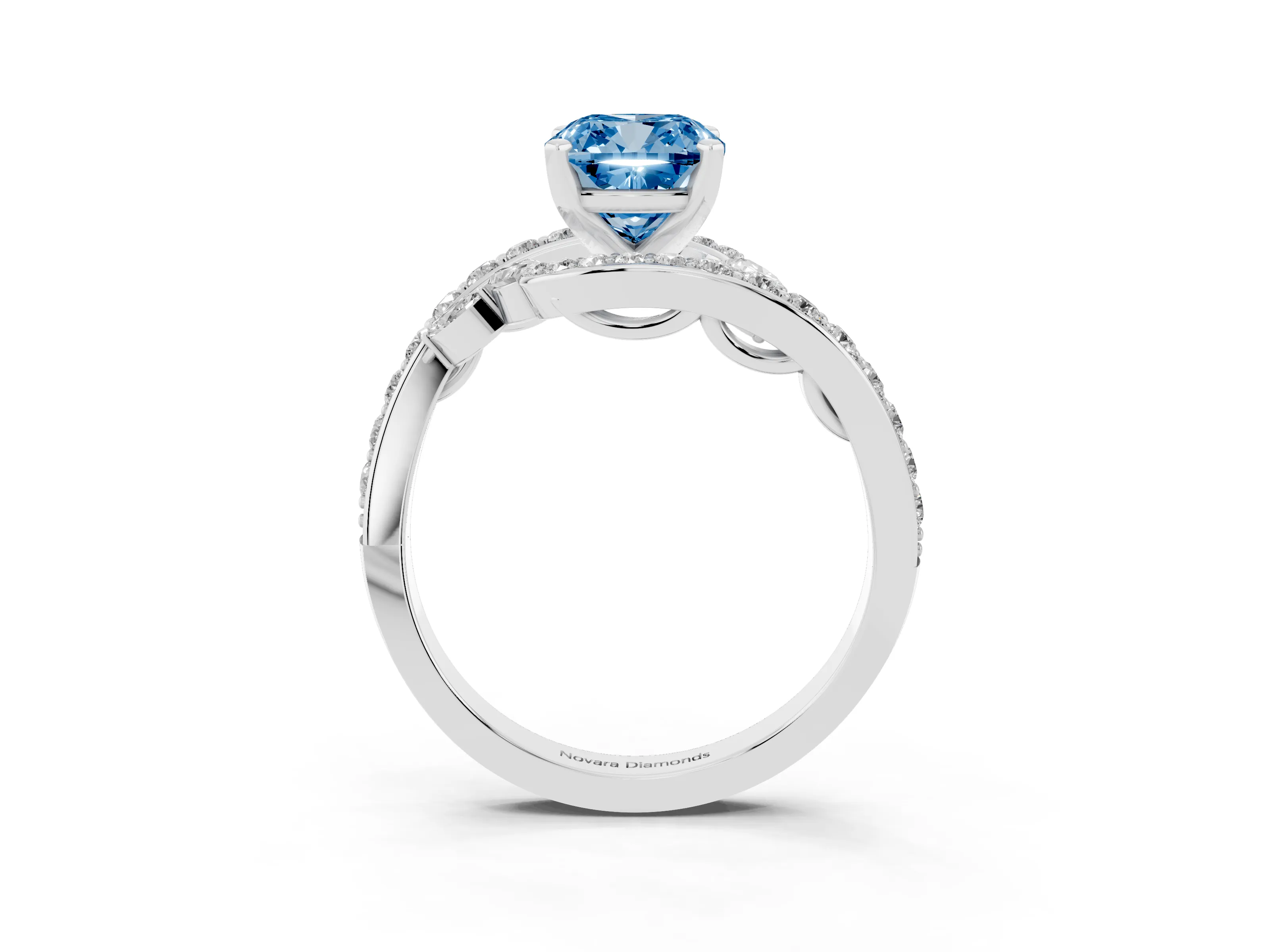 Fancy Blue Cushion Cut Diamond Solitaire Ring Set in White gold with Pavé Twist Band and Secure Prong Setting