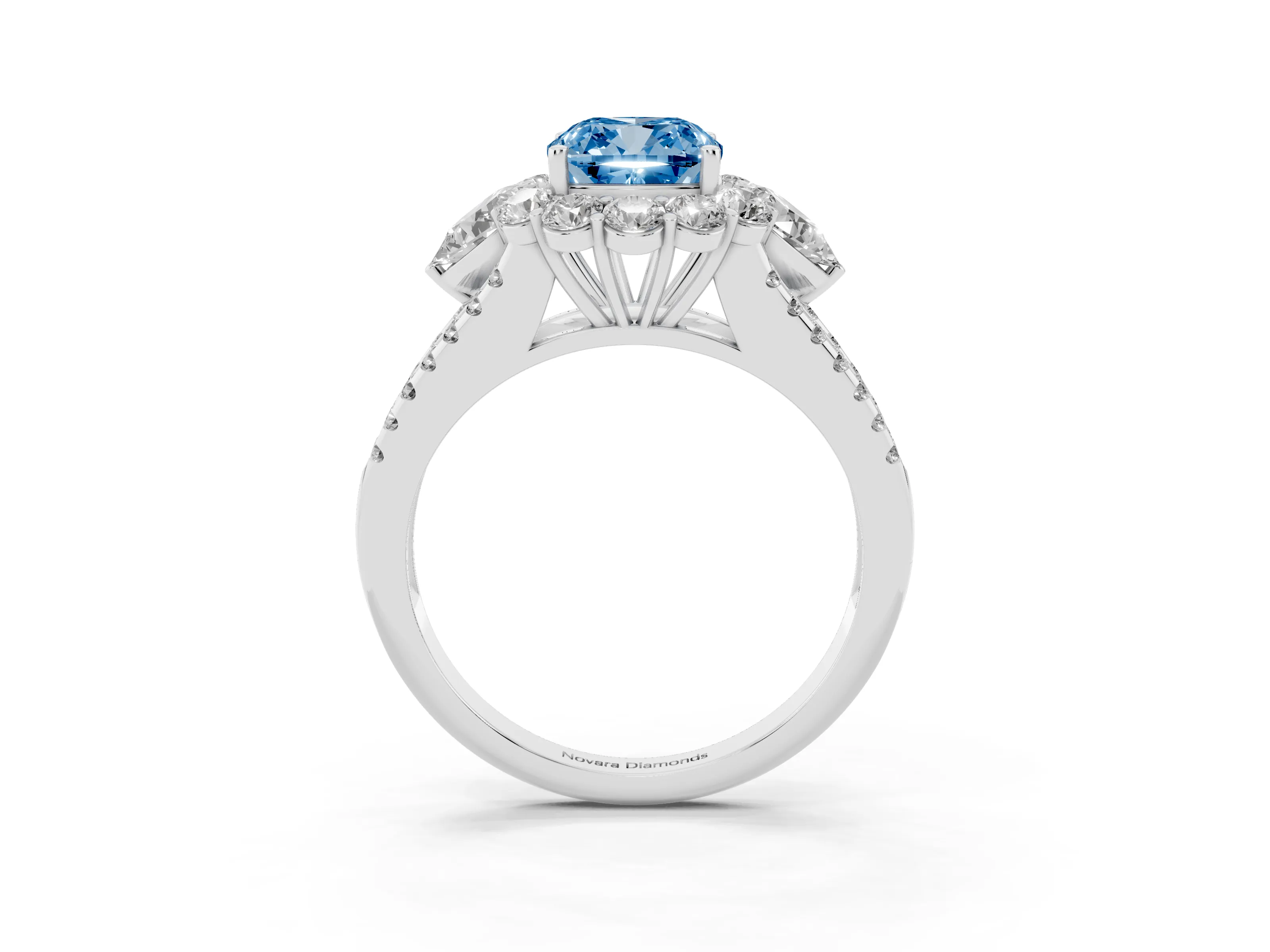 Fancy Blue Cushion Cut Diamond Halo Split Shank Engagement Ring Set in Platinum with Prong-Held Center Stone