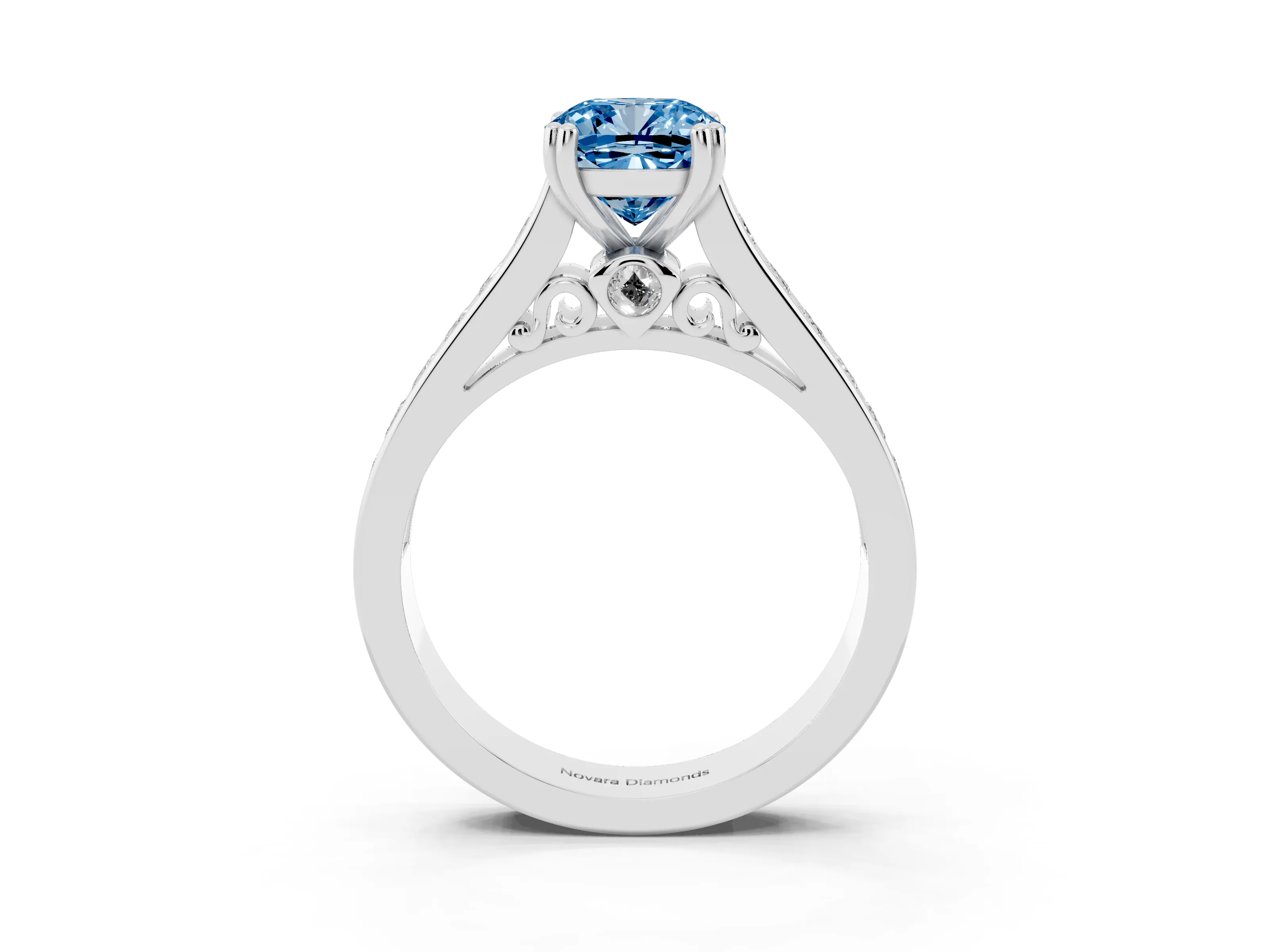Fancy Blue Cushion Cut Diamond Channel Set Solitaire Engagement Ring Set in Platinum with Prong Setting