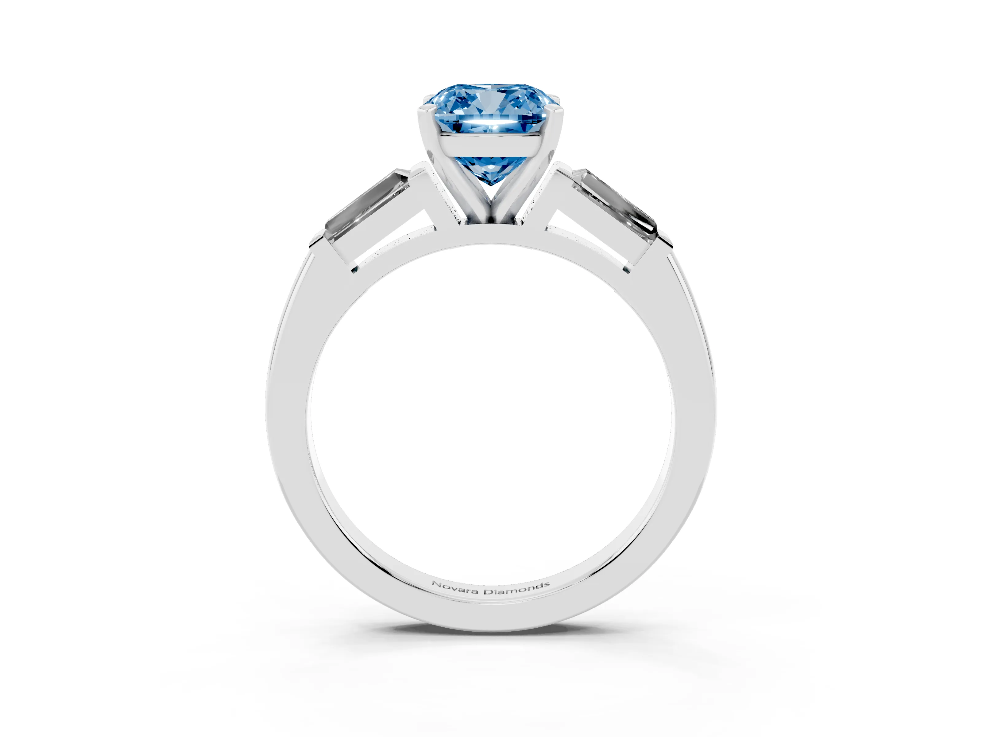 Fancy Blue Cushion Cut Diamond Solitaire Ring Set in White gold with Tapered Baguette Side Stones and Prong Setting