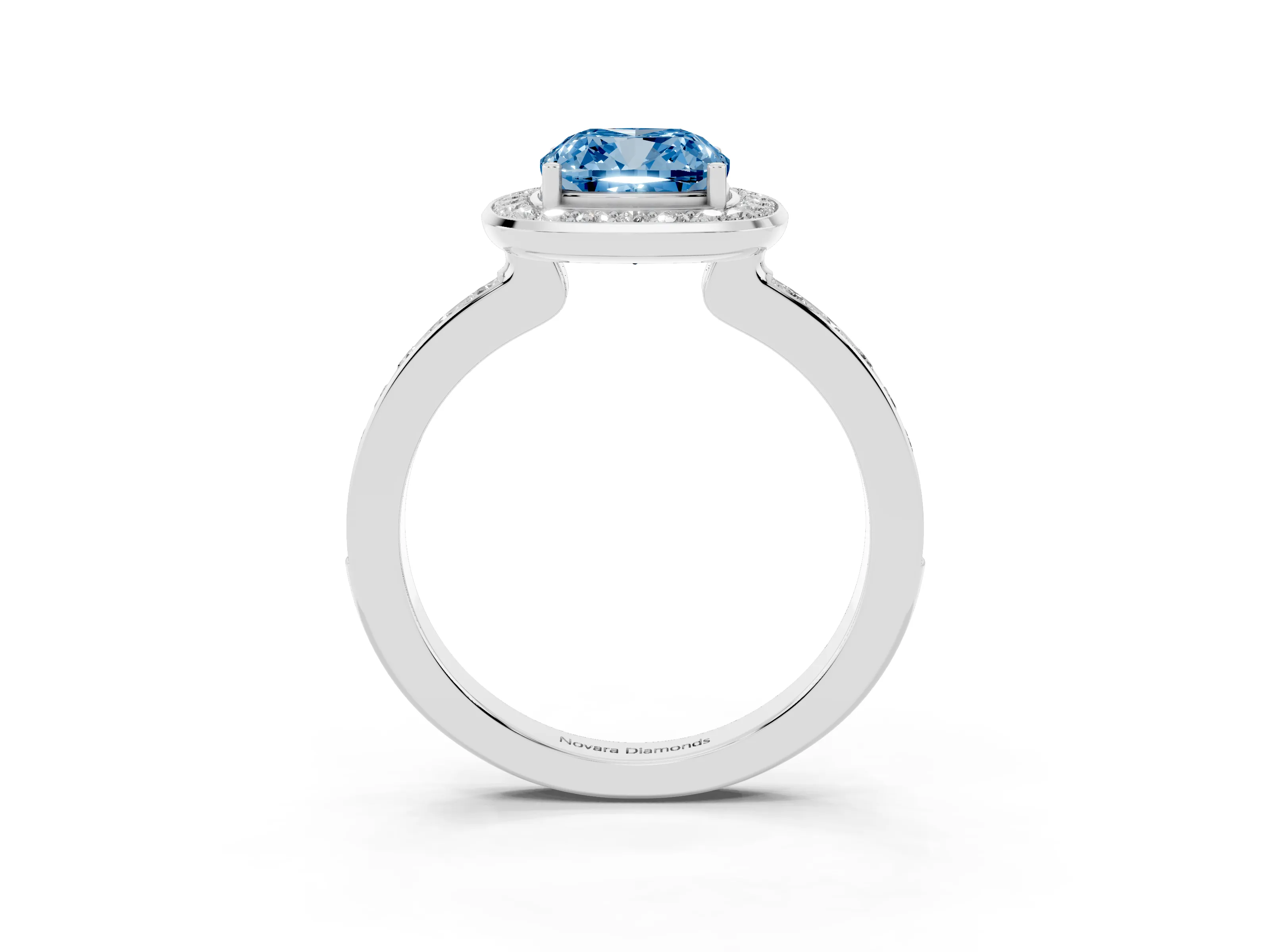 Fancy Blue Cushion Cut Diamond Halo Ring Set in Silver with Bezel Frame and Pavé Band