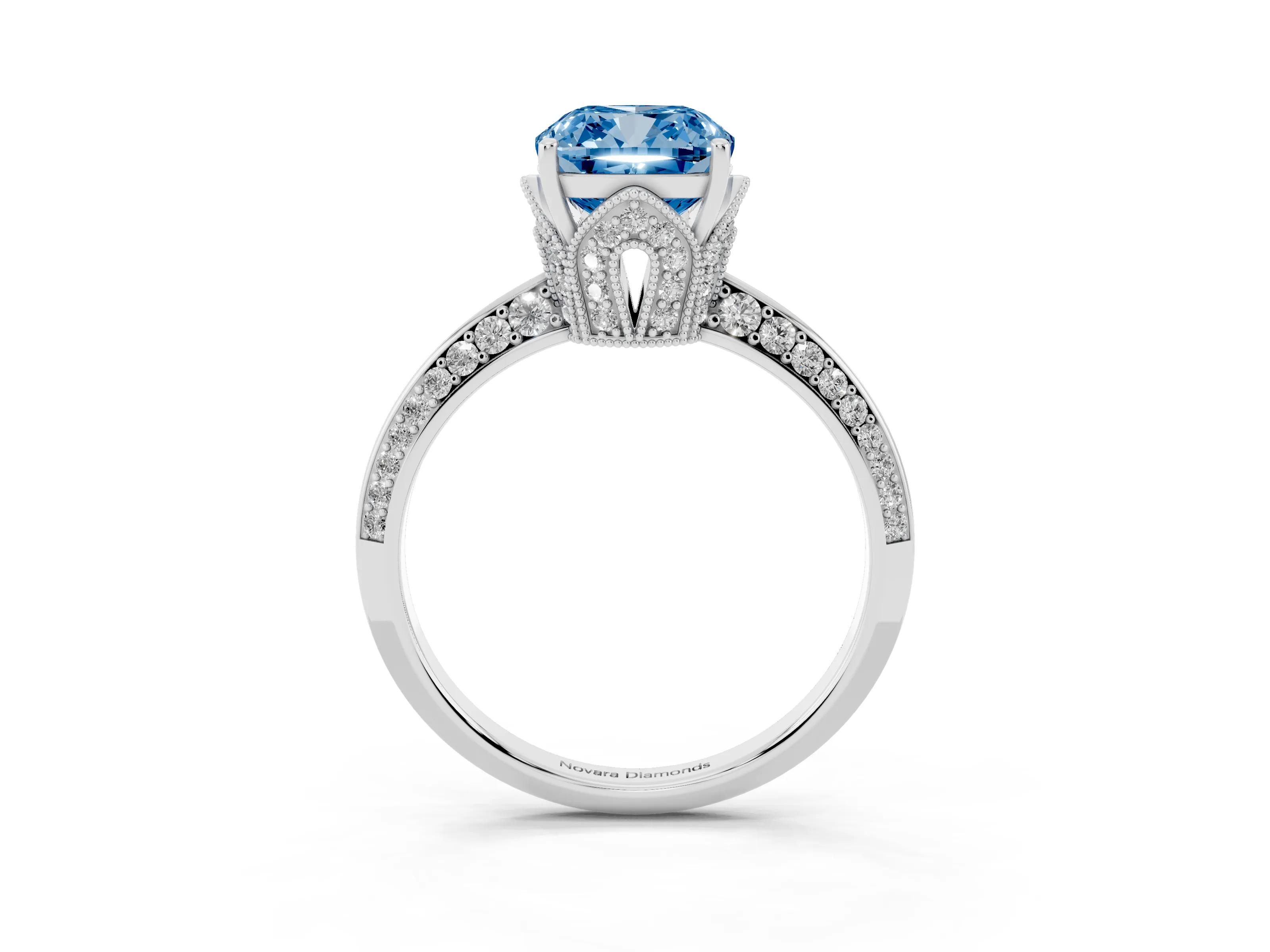 Fancy Blue Cushion Cut Diamond Solitaire Engagement Ring Set in Platinum with Pavé Split Shank and Prong Setting
