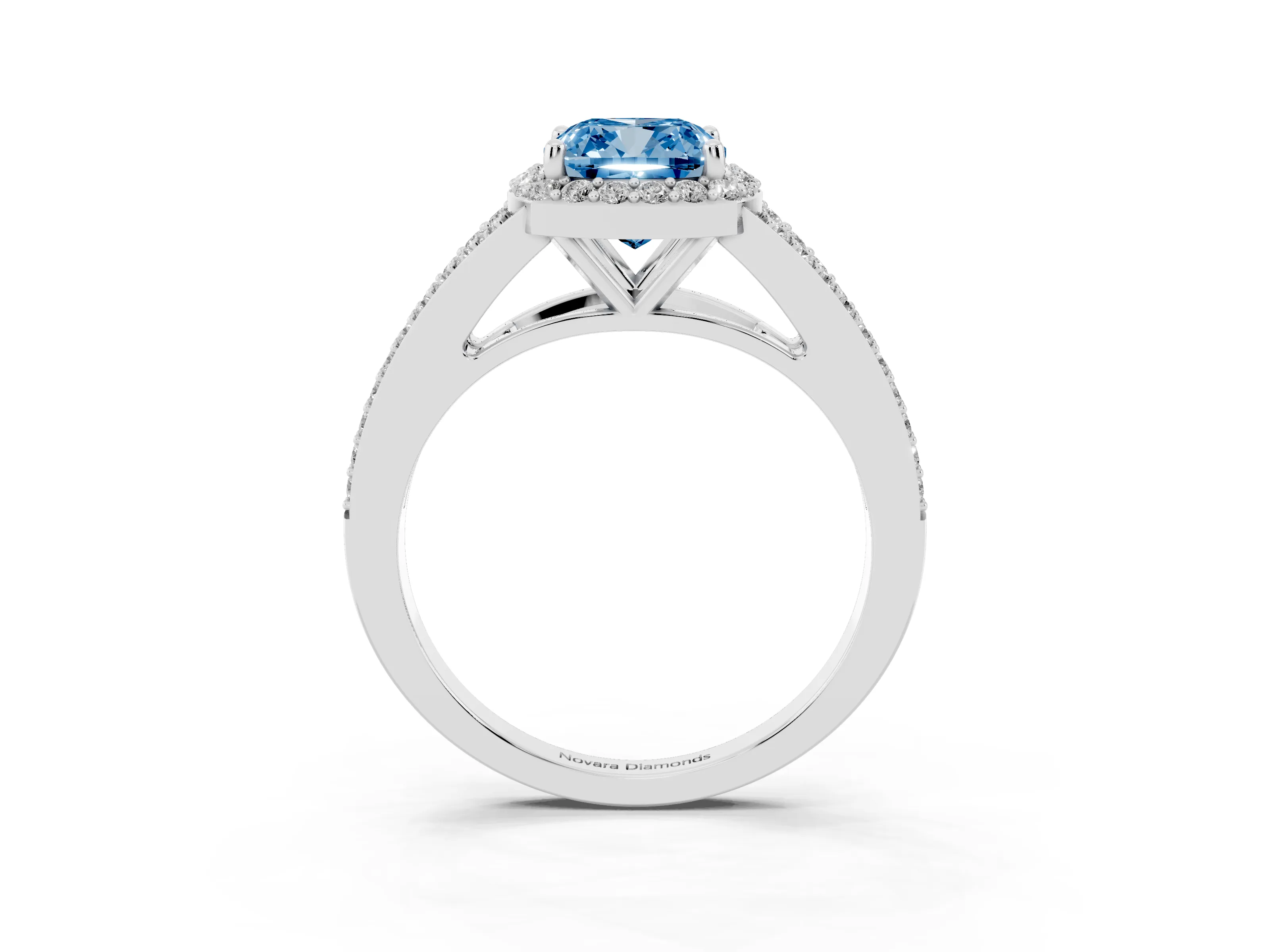 Fancy Blue Cushion Cut Diamond Halo Split Shank Ring Set in Silver with Accent Stones and Prong Setting
