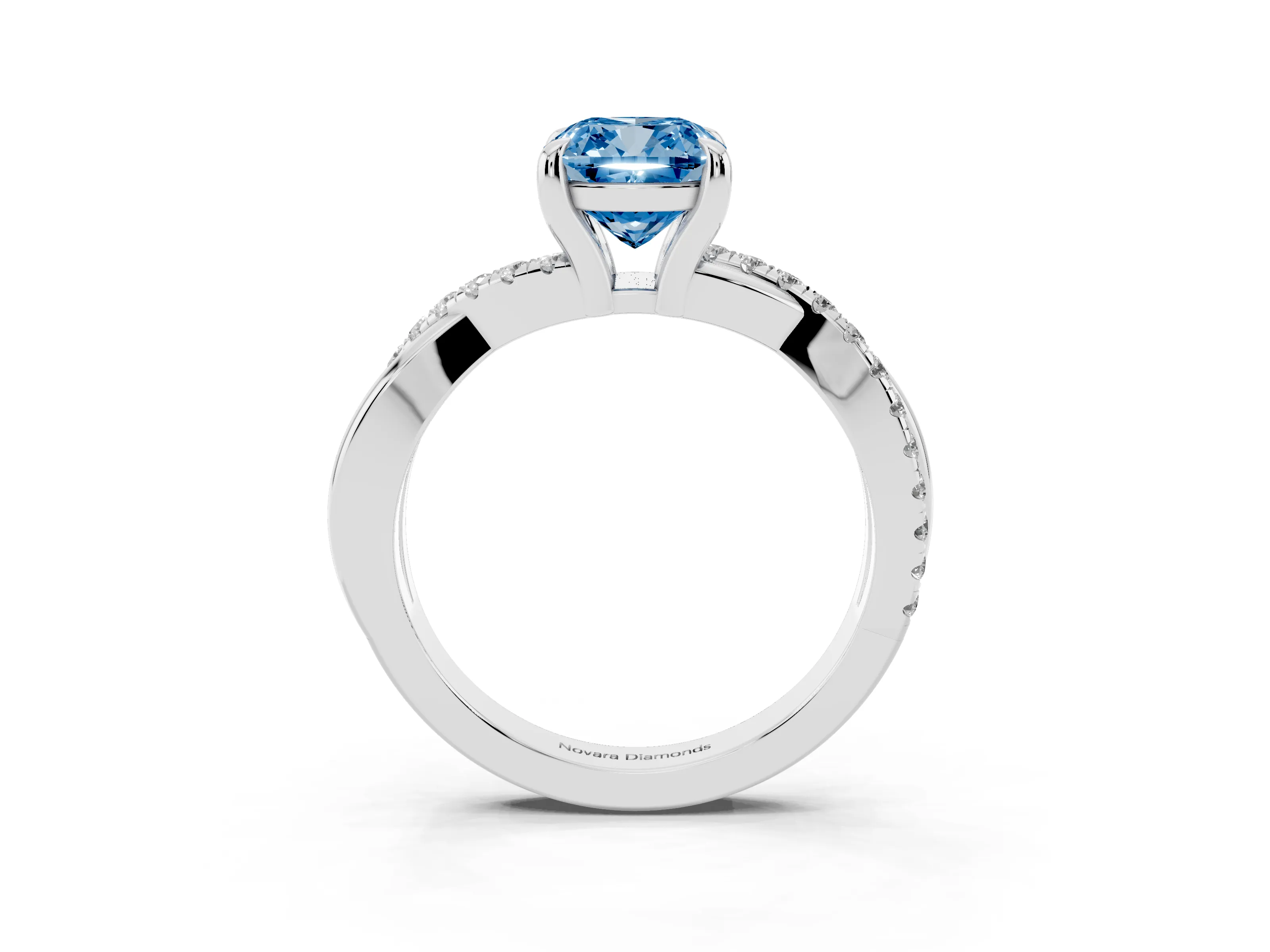 Fancy Blue Cushion Cut Diamond Twist Band Pavé Solitaire Ring Set in Silver with Prong Setting