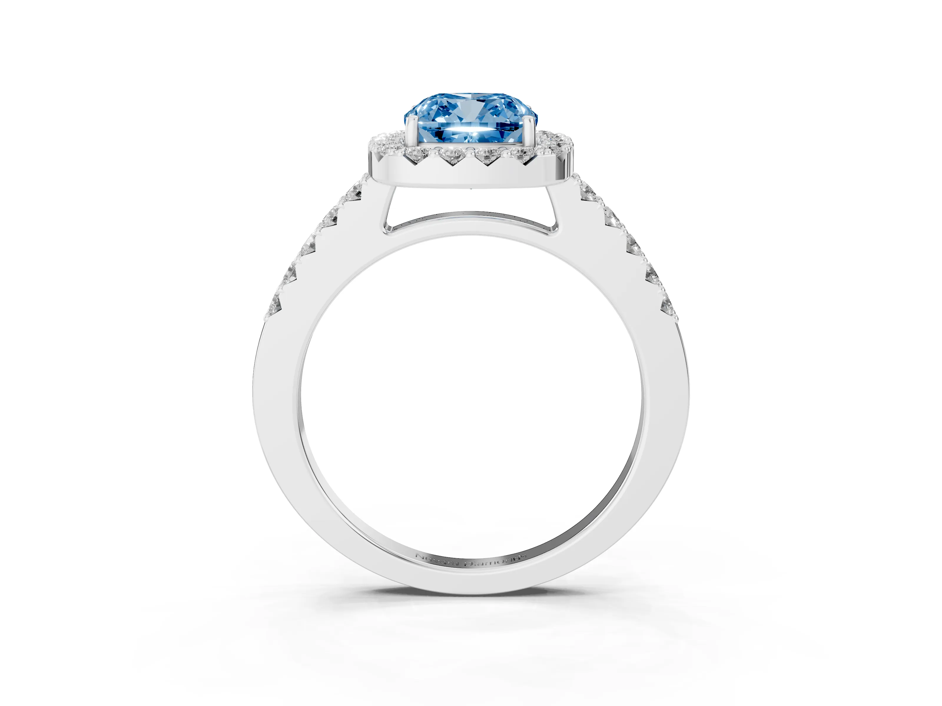 Fancy Blue Cushion Cut Diamond Halo Pavé Solitaire Ring Set in Platinum with Prong-Set Center Stone
