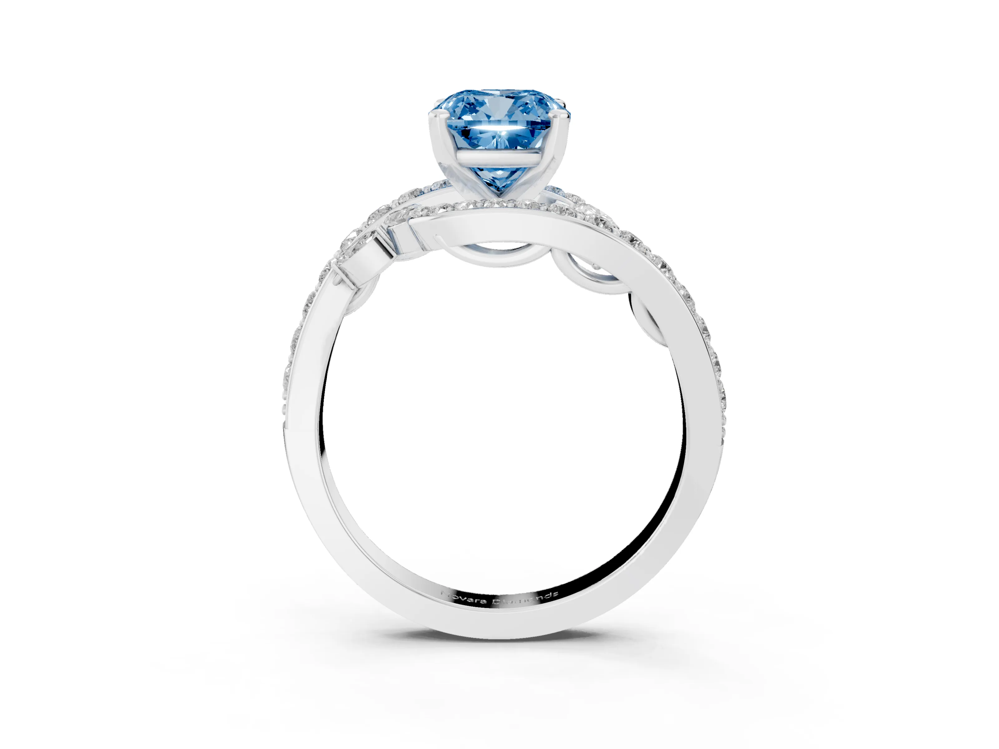Fancy Blue Cushion Cut Diamond Solitaire Ring Set in Silver with Filigree Band and Prong Setting