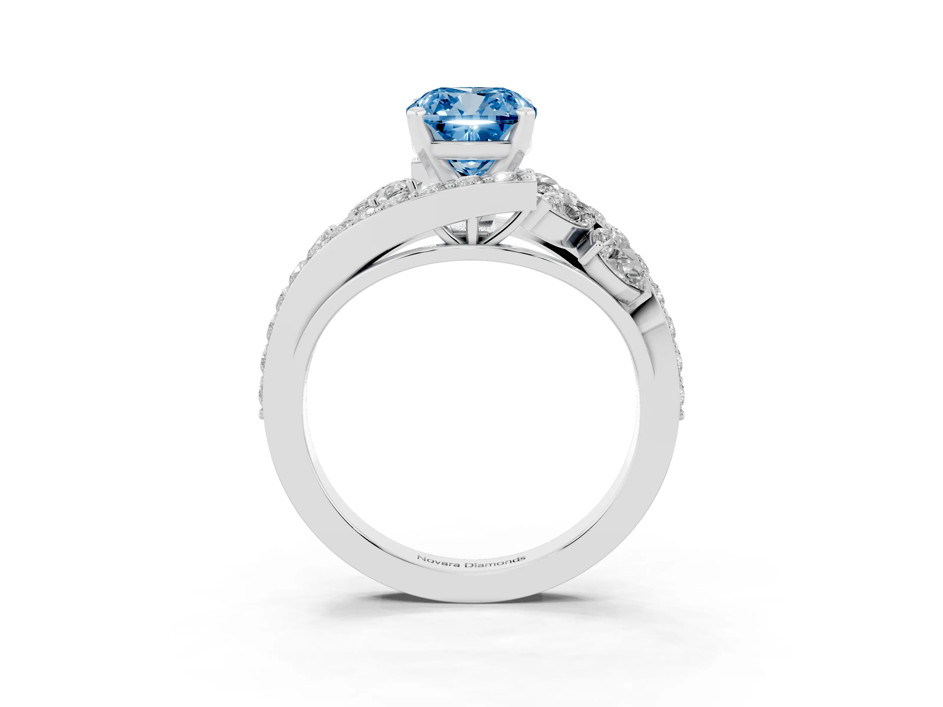 Fancy Blue Cushion Cut Diamond Halo Ring Set in White gold with Marquise and Pavé Band in Prong Setting