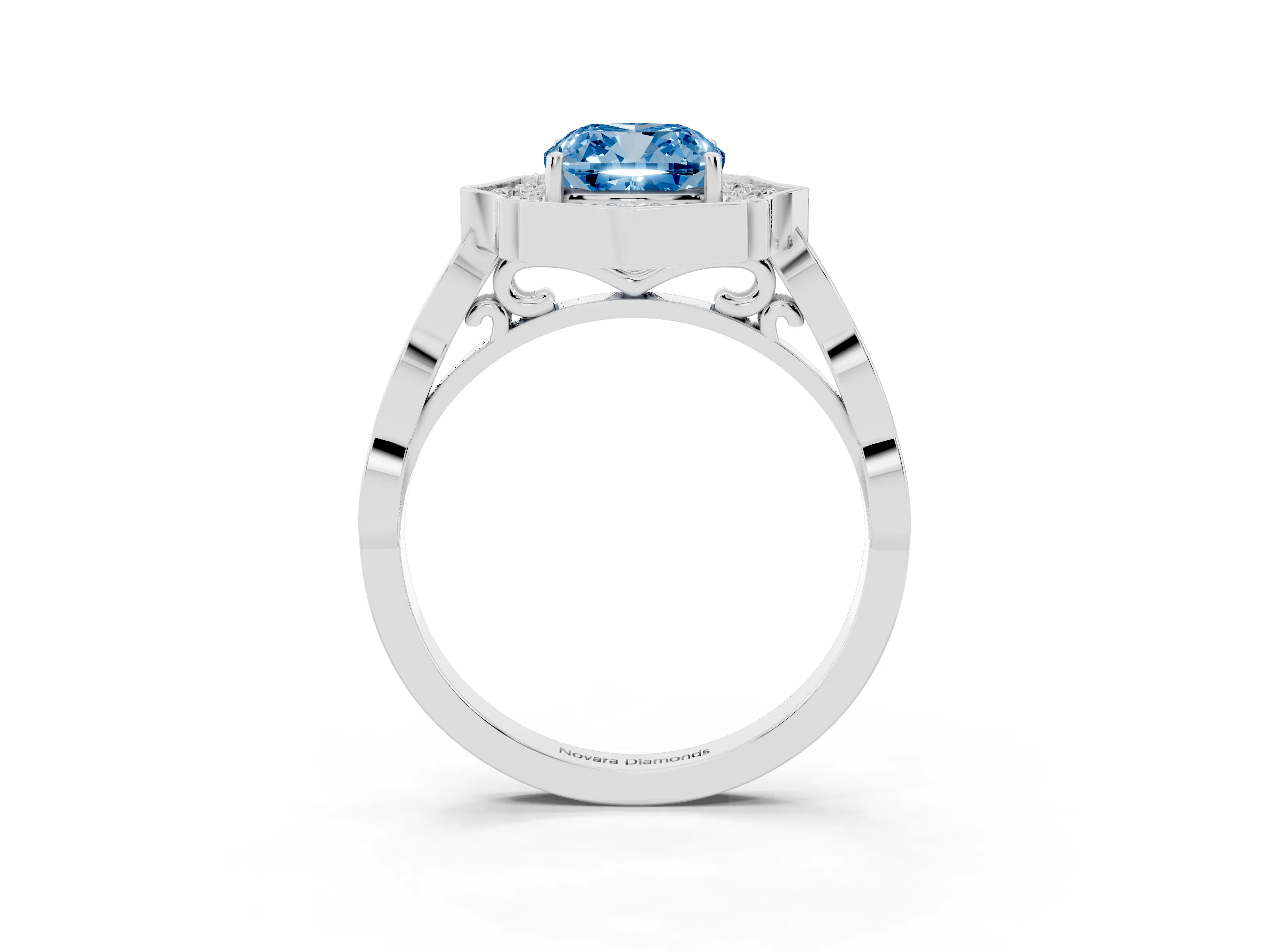Fancy Blue Cushion Cut Diamond Halo Engagement Ring Set in White gold with Milgrain Band and Prong Setting