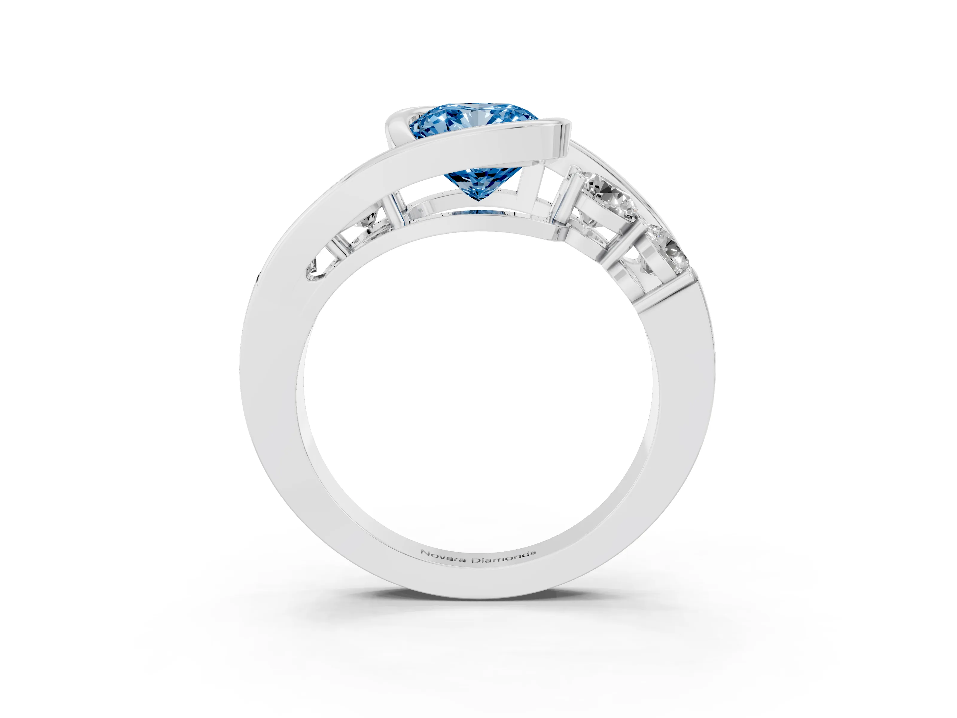 Fancy Blue Cushion Cut Diamond Bezel Bypass Ring Set in Silver with Round Accents
