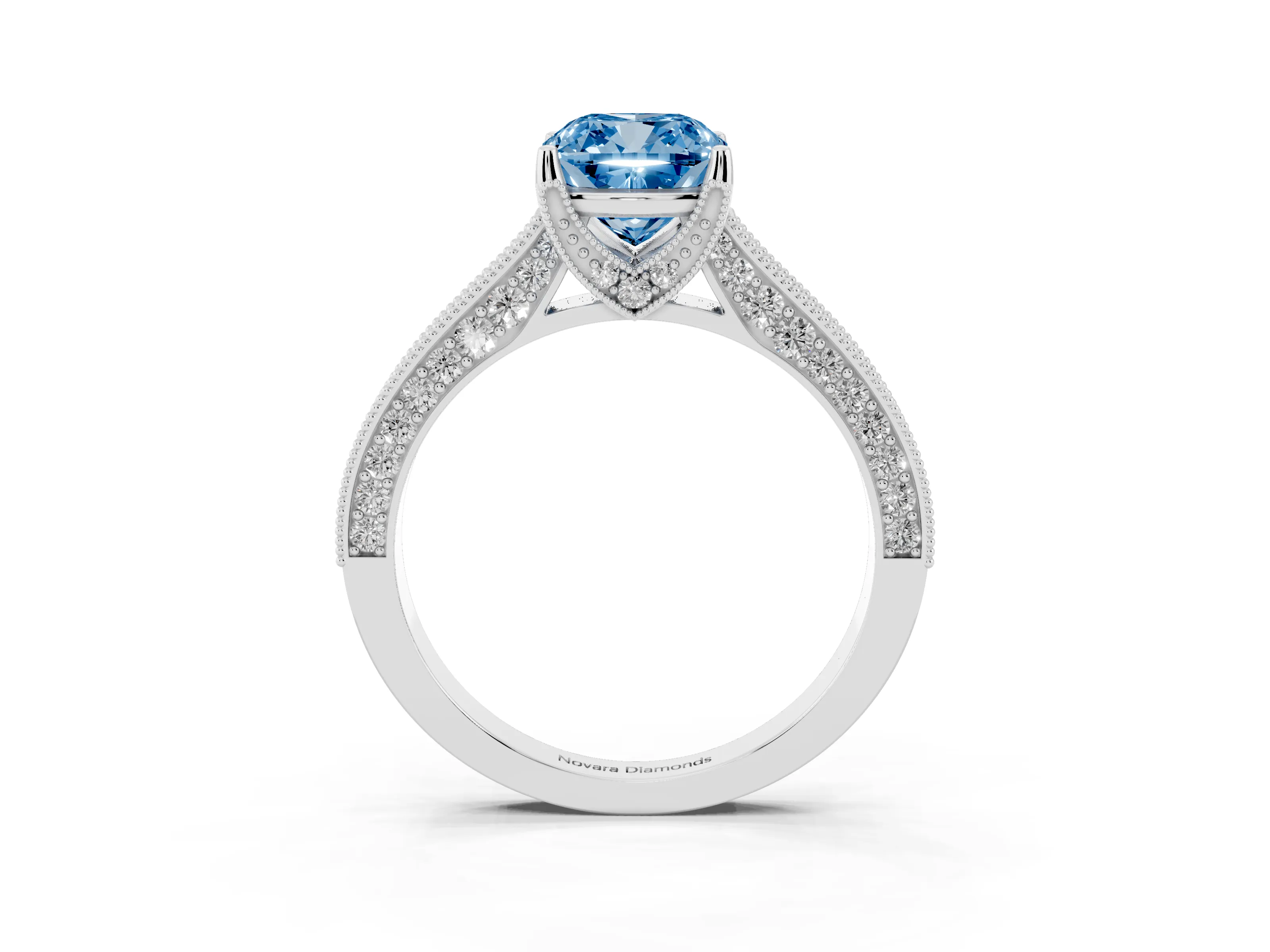 Fancy Blue Cushion Cut Diamond Solitaire Ring Set in Silver with Milgrain-Edged Pavé Band and Prong Setting