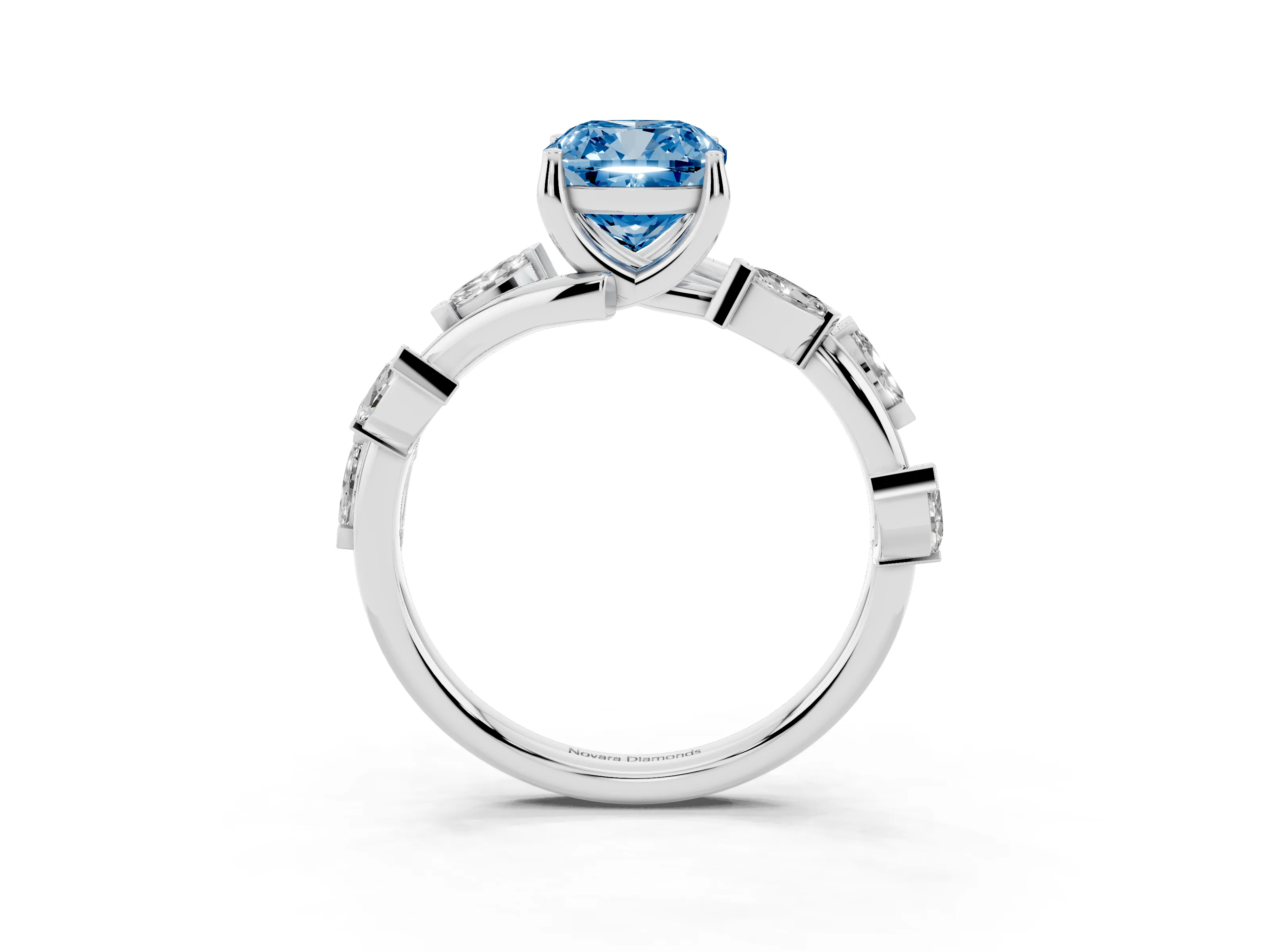 Fancy Blue Cushion Cut Diamond Solitaire Ring Set in White gold with Twisted Marquise Accent Band