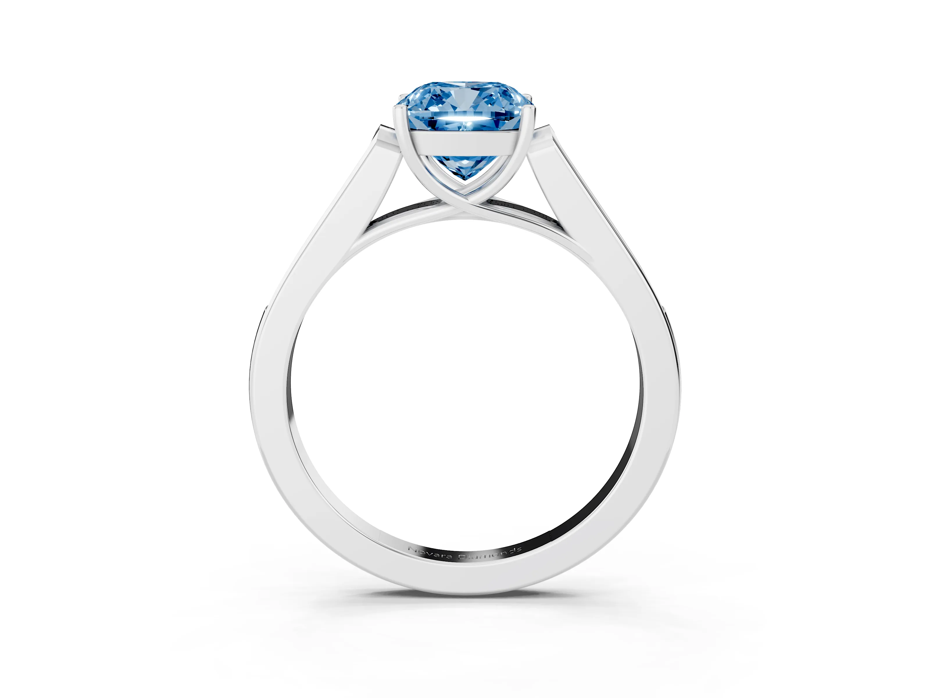 Fancy Blue Cushion Cut Diamond Solitaire Cathedral Engagement Ring Set in White gold with Channel-Set Band and Prong Setting