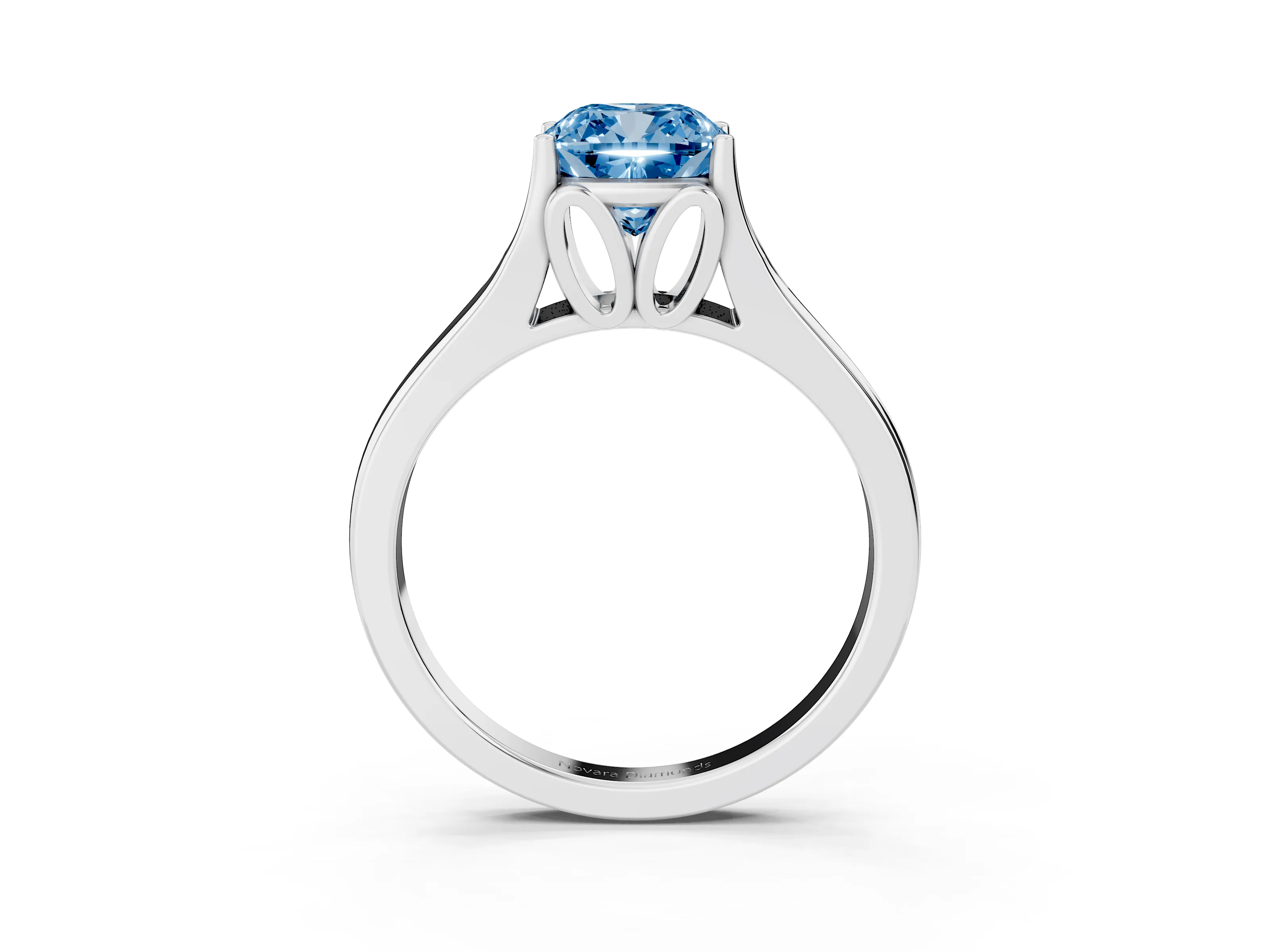 Fancy Blue Cushion Cut Diamond Solitaire Ring Set in White gold with Arched Cathedral Band and Prong Setting