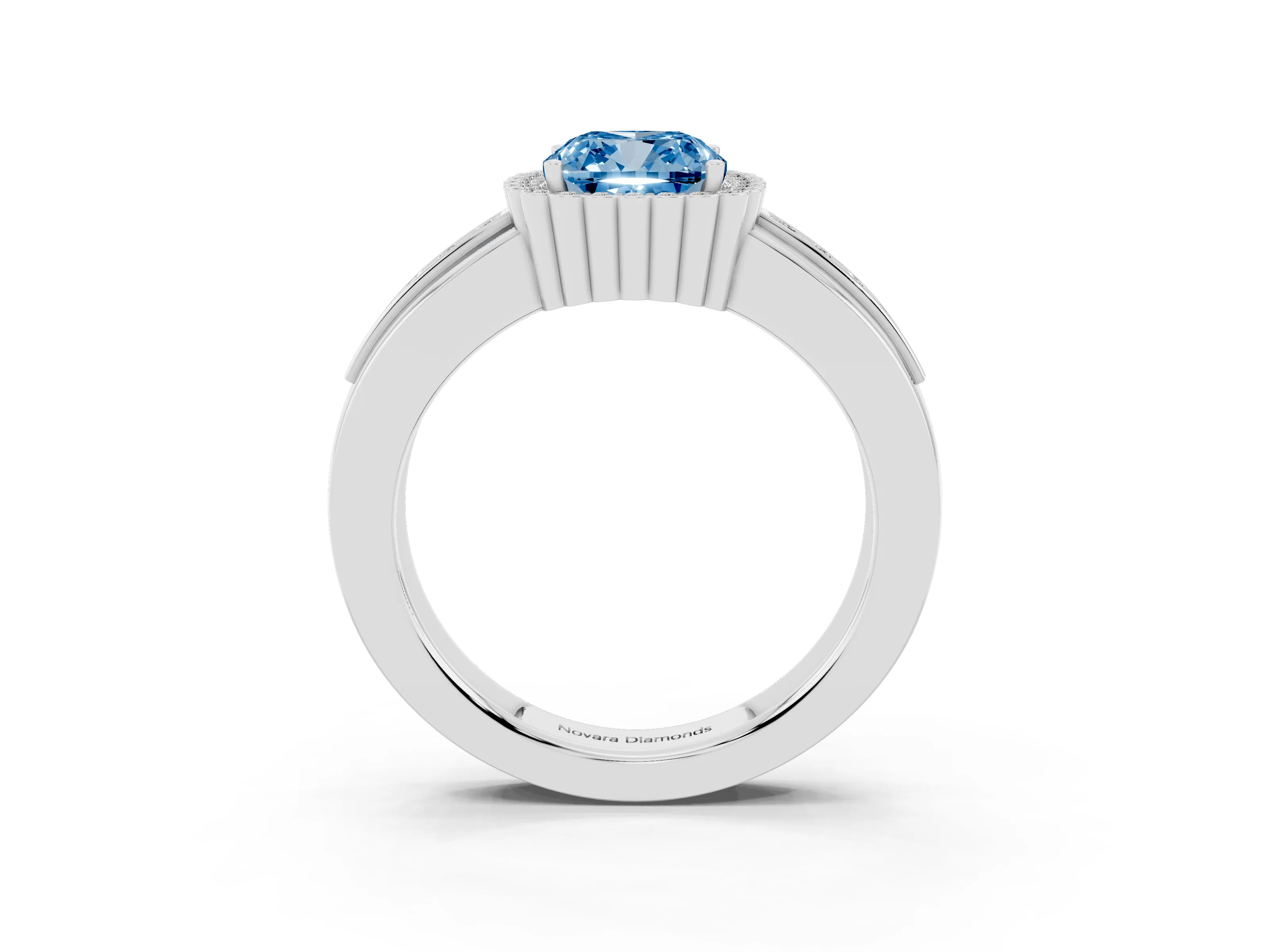 Fancy Blue Cushion Cut Diamond Halo Prong Ring Set in Silver with Pavé Band