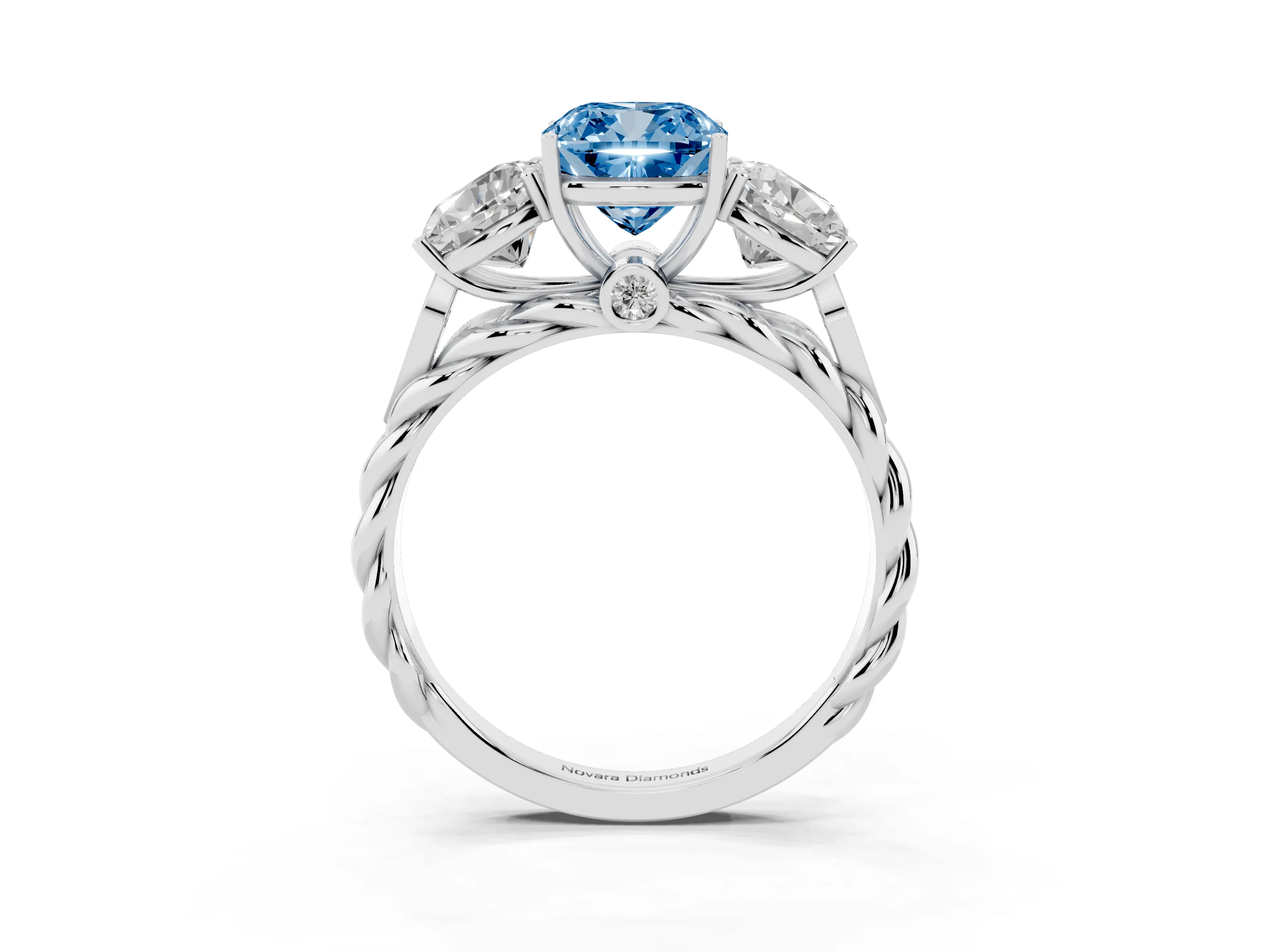Fancy Blue Cushion Cut Diamond Three-Stone Ring Set in Silver with Braided Band