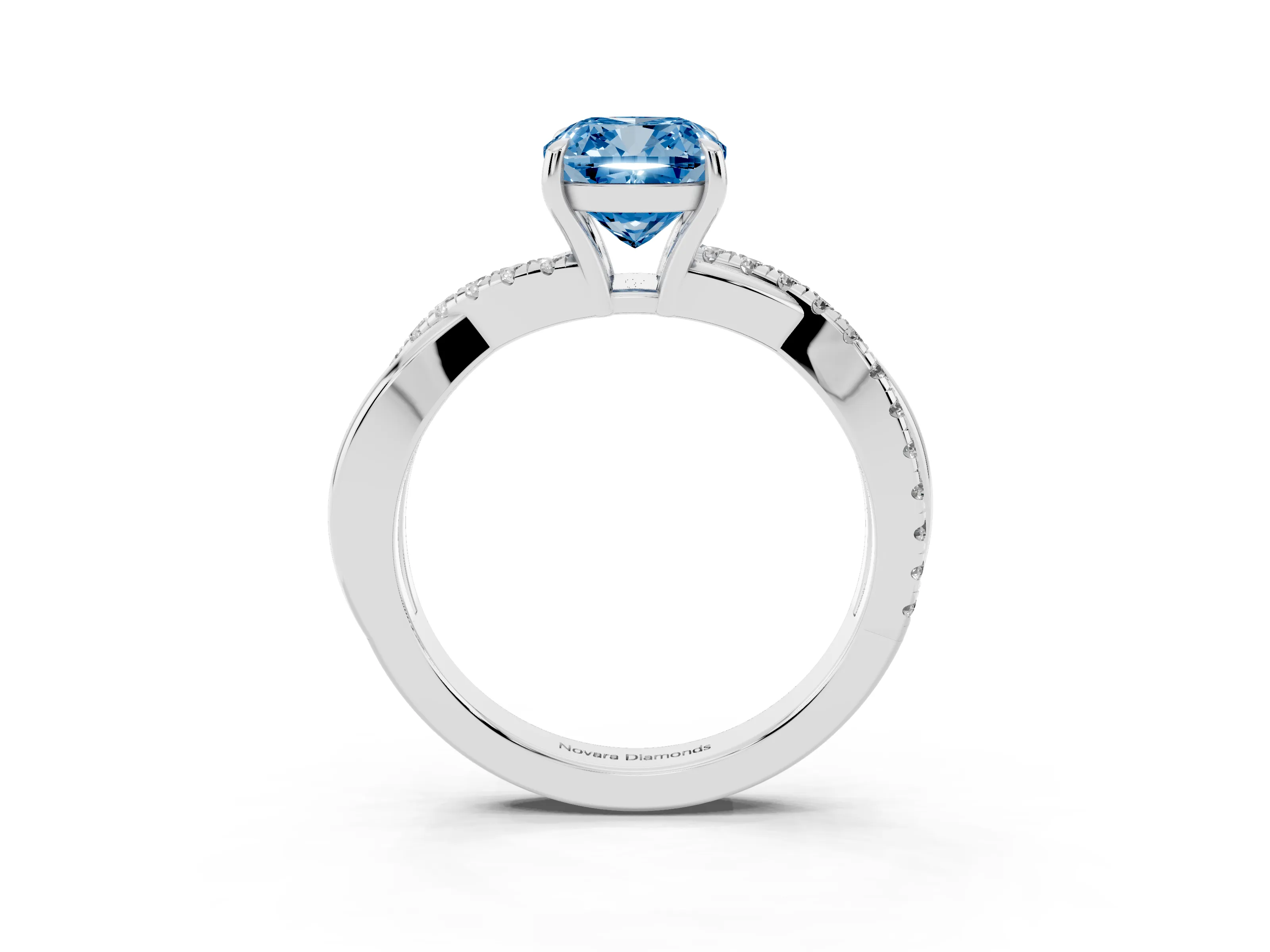 Fancy Blue Cushion Cut Diamond Twisted Pavé Band Ring Set in Silver with Prong Setting
