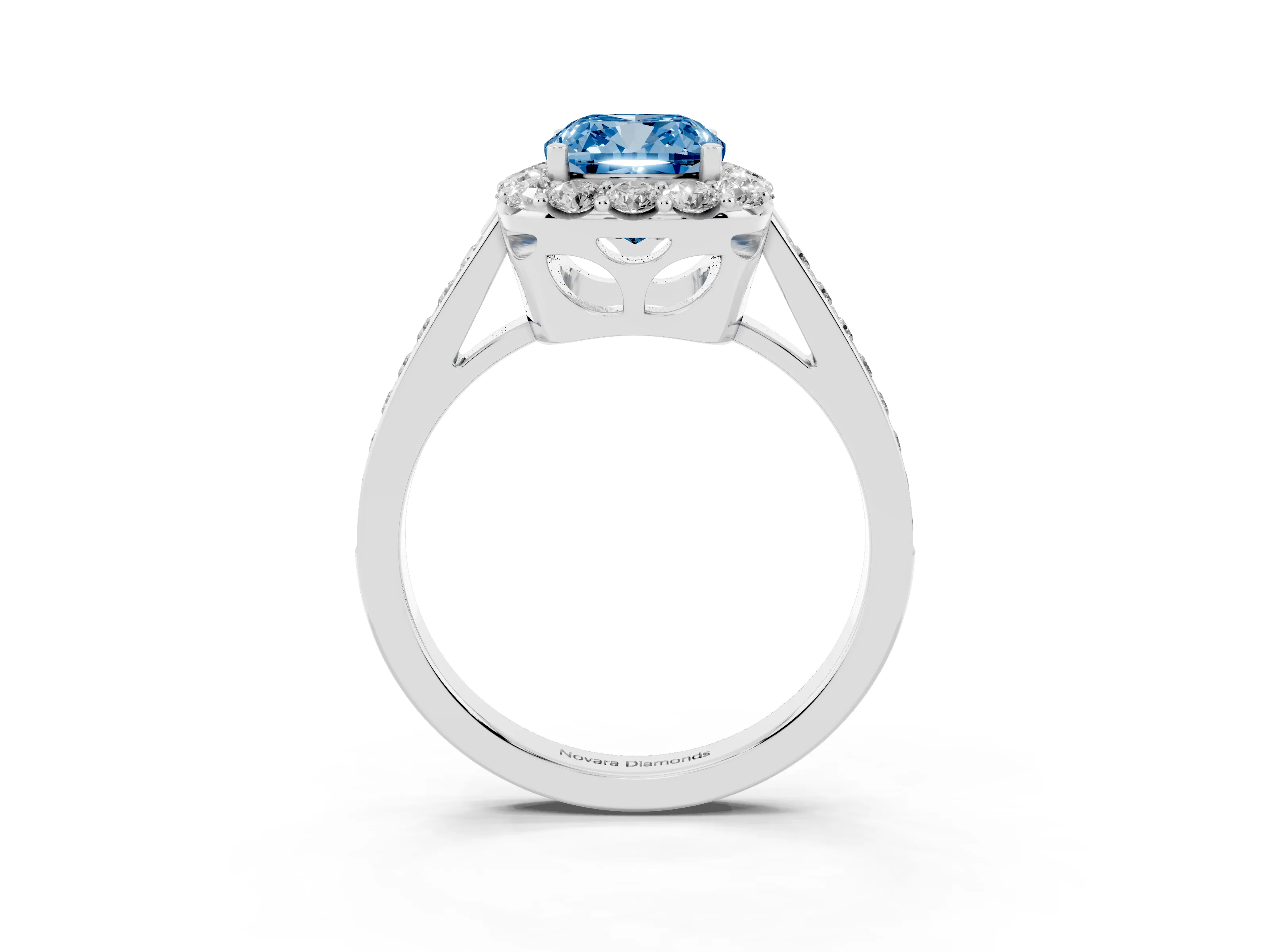 Fancy Blue Cushion Cut Diamond Floral Halo Ring Set in White gold with Pavé Band and Prong Setting