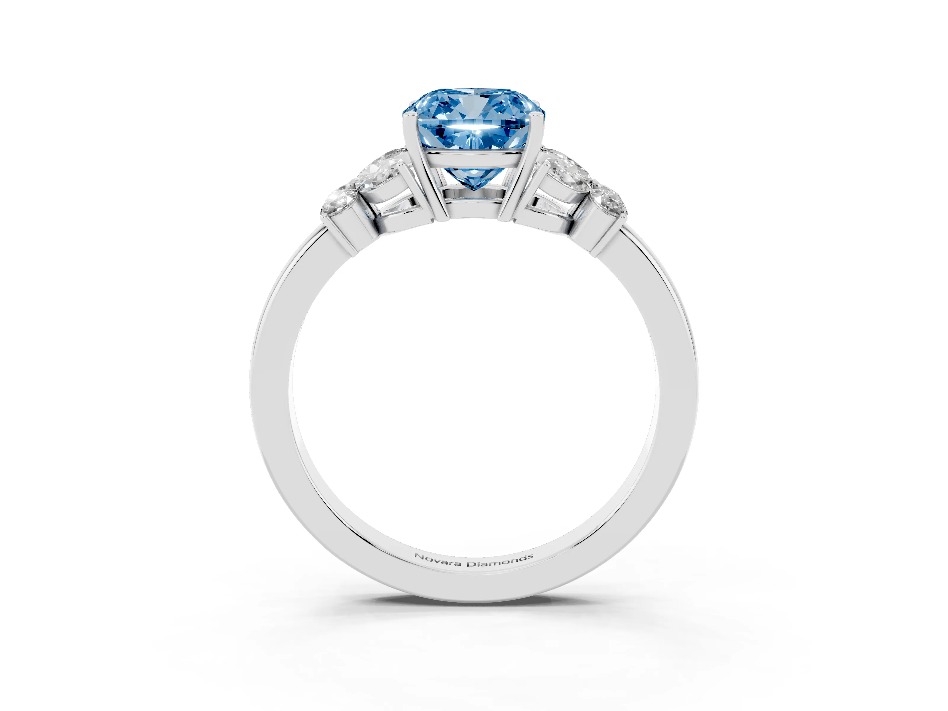 Fancy Blue Cushion Cut Diamond Solitaire Floral Ring Set in Platinum with Marquise Petals and Prong Setting