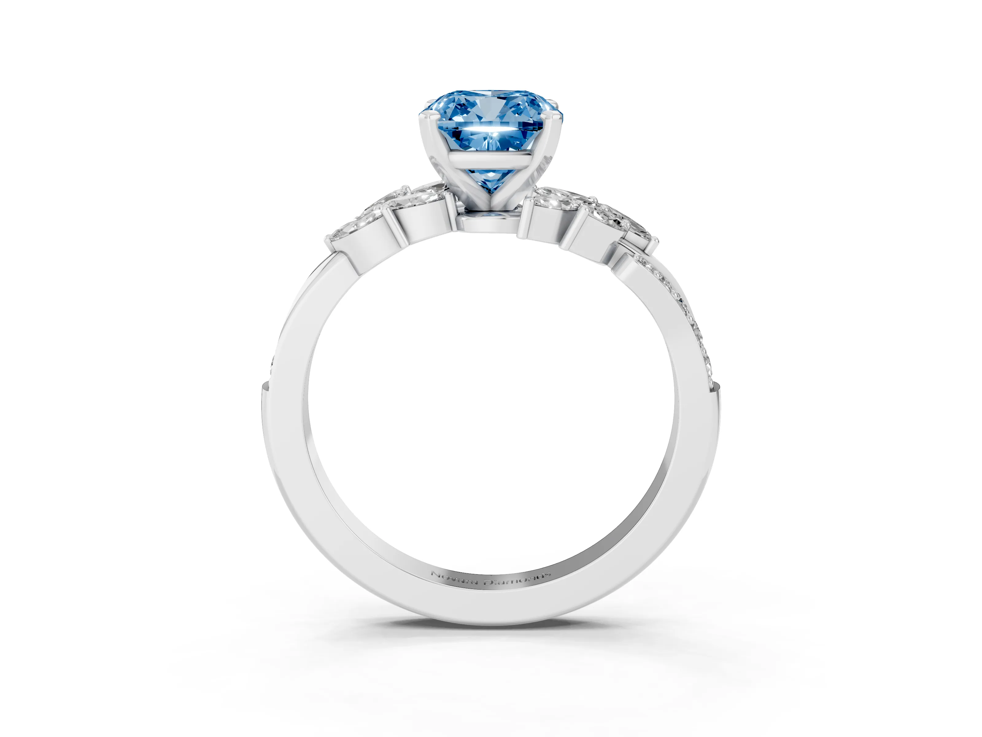 Fancy Blue Cushion Cut Diamond Solitaire Ring Set in White gold with Marquise Twist Band and Prong Setting