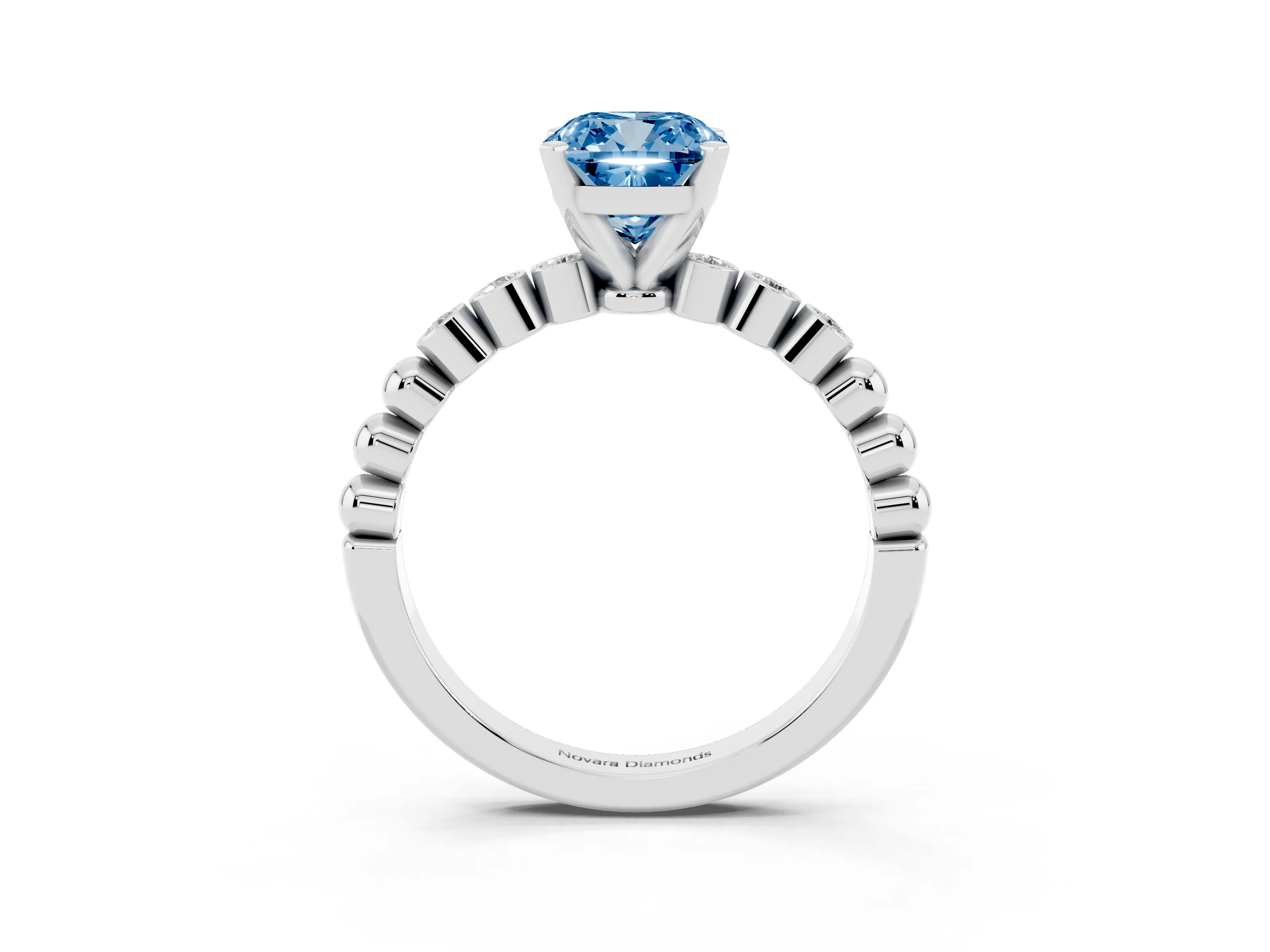Fancy Blue Cushion Cut Diamond Solitaire Engagement Ring Set in White gold with Bezel Accents on Beaded Band