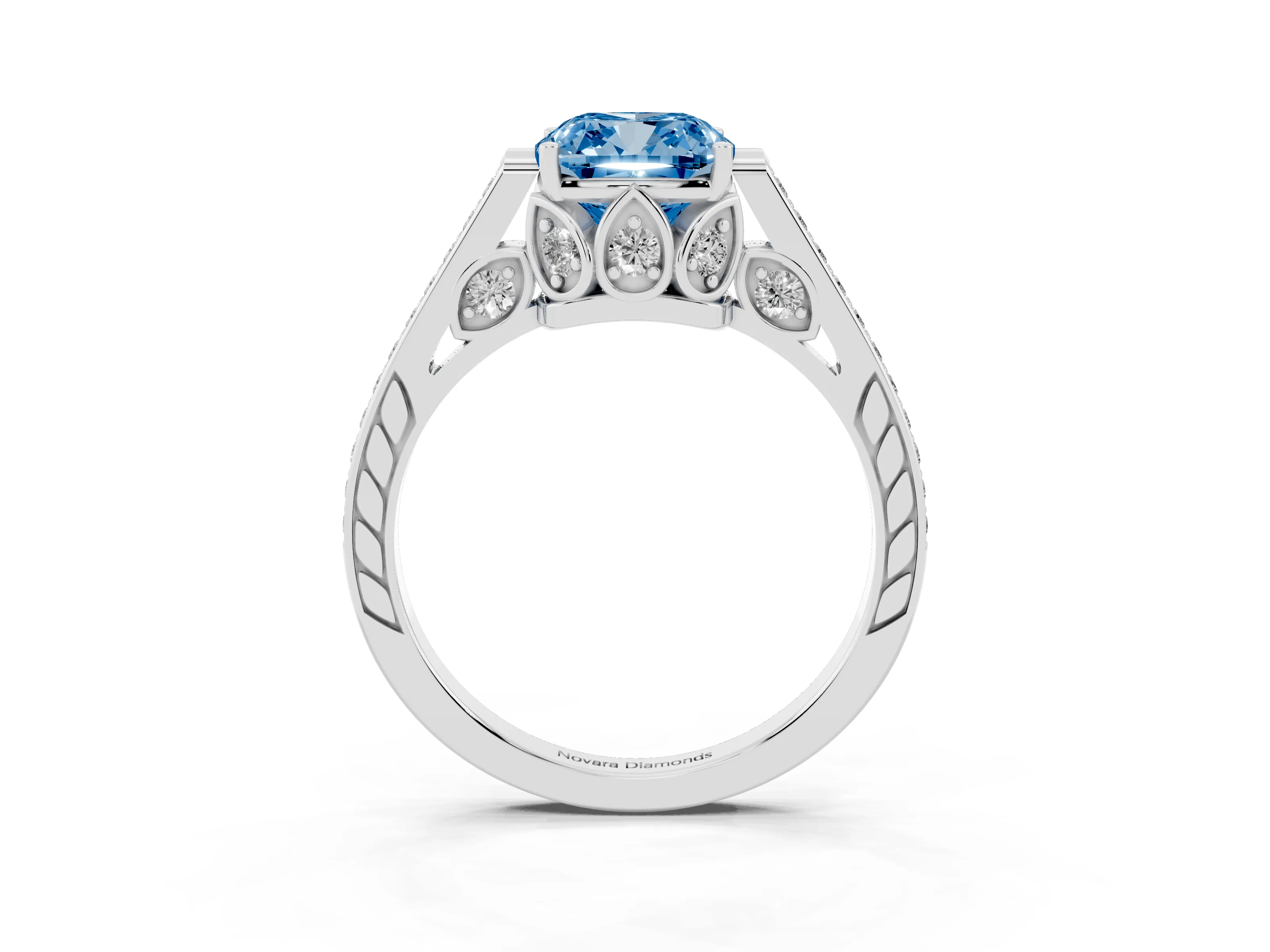 Fancy Blue Cushion Cut Diamond Cathedral Pavé Engagement Ring Set in Silver with Prong Setting