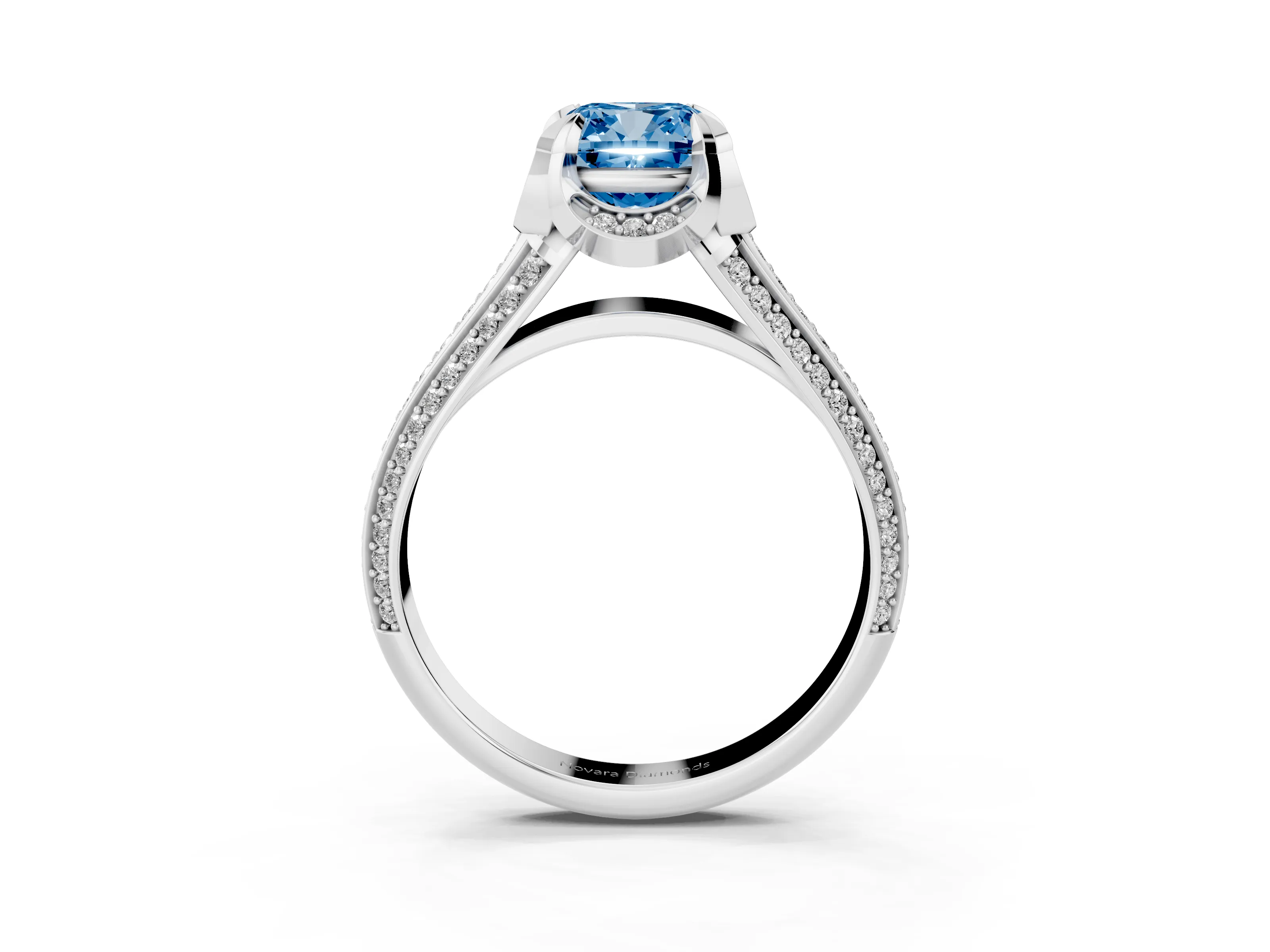 Fancy Blue Cushion Cut Diamond Pavé Split Shank Solitaire Ring Set in Platinum with Prong Setting