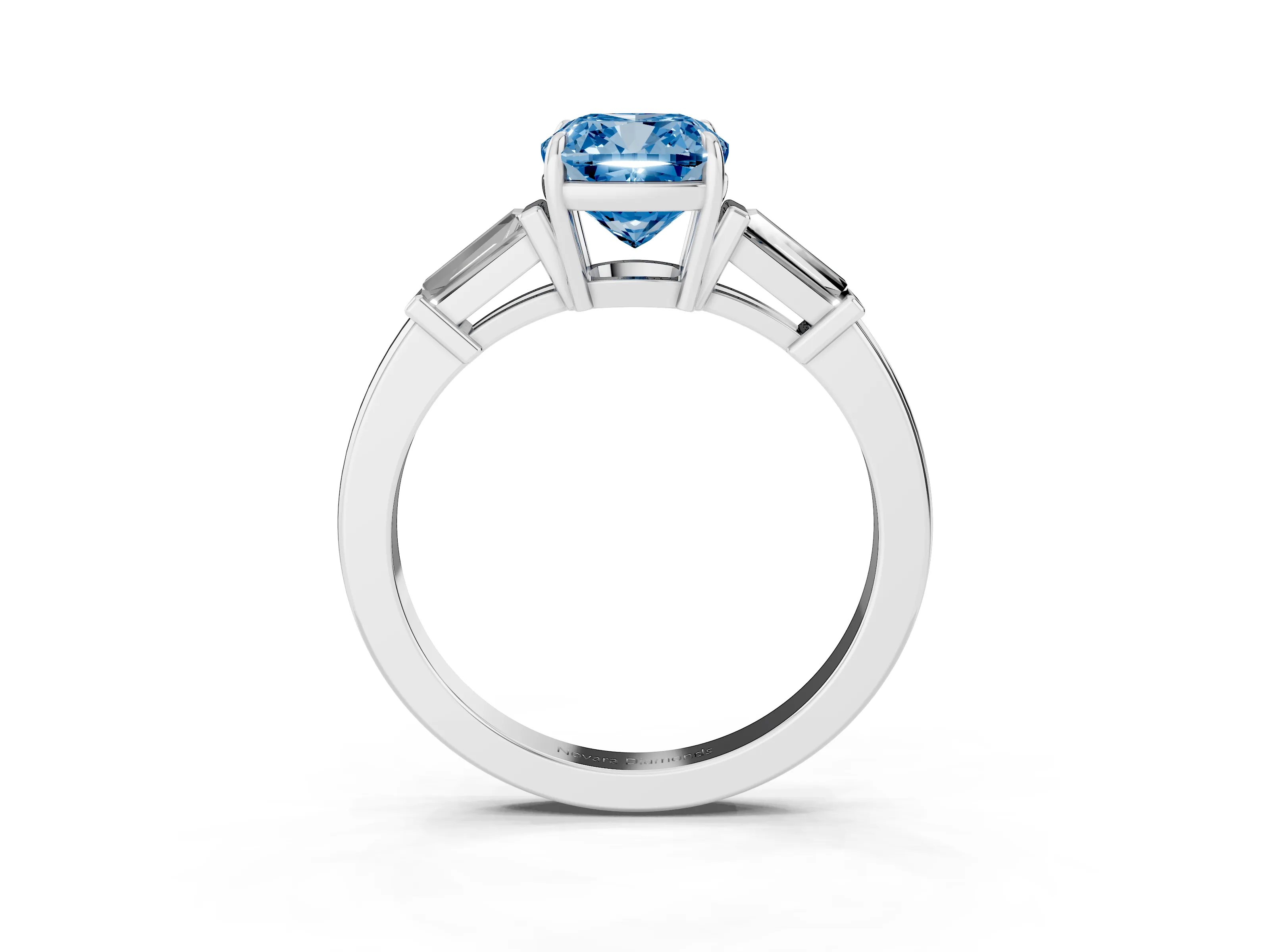 Fancy Blue Cushion Cut Diamond Three-Stone Ring Set in Platinum with Tapered Baguette Side Stones and Prong Setting